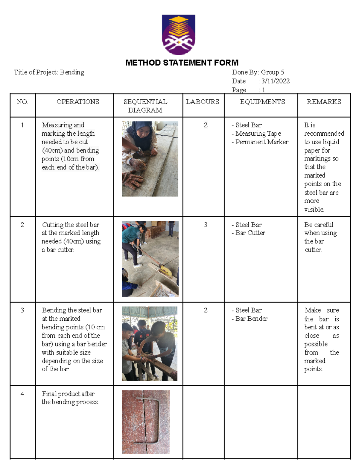 Report Bending - METHOD STATEMENT FORM Title of Project: Bending Done ...