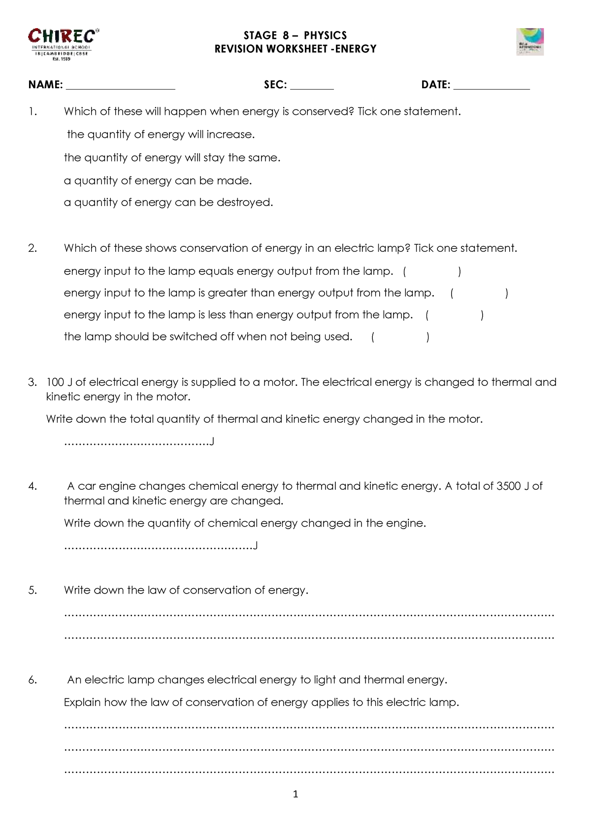 Phy Stage 8 Energy Revision 1 - 1 STAGE 8 – PHYSICS REVISION WORKSHEET ...