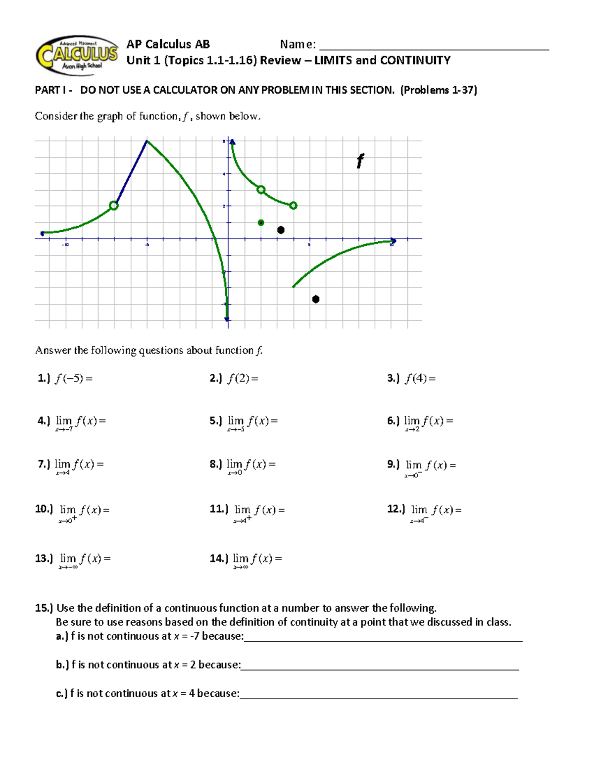 Limits Review 2 - AP Calculus AB Name ...