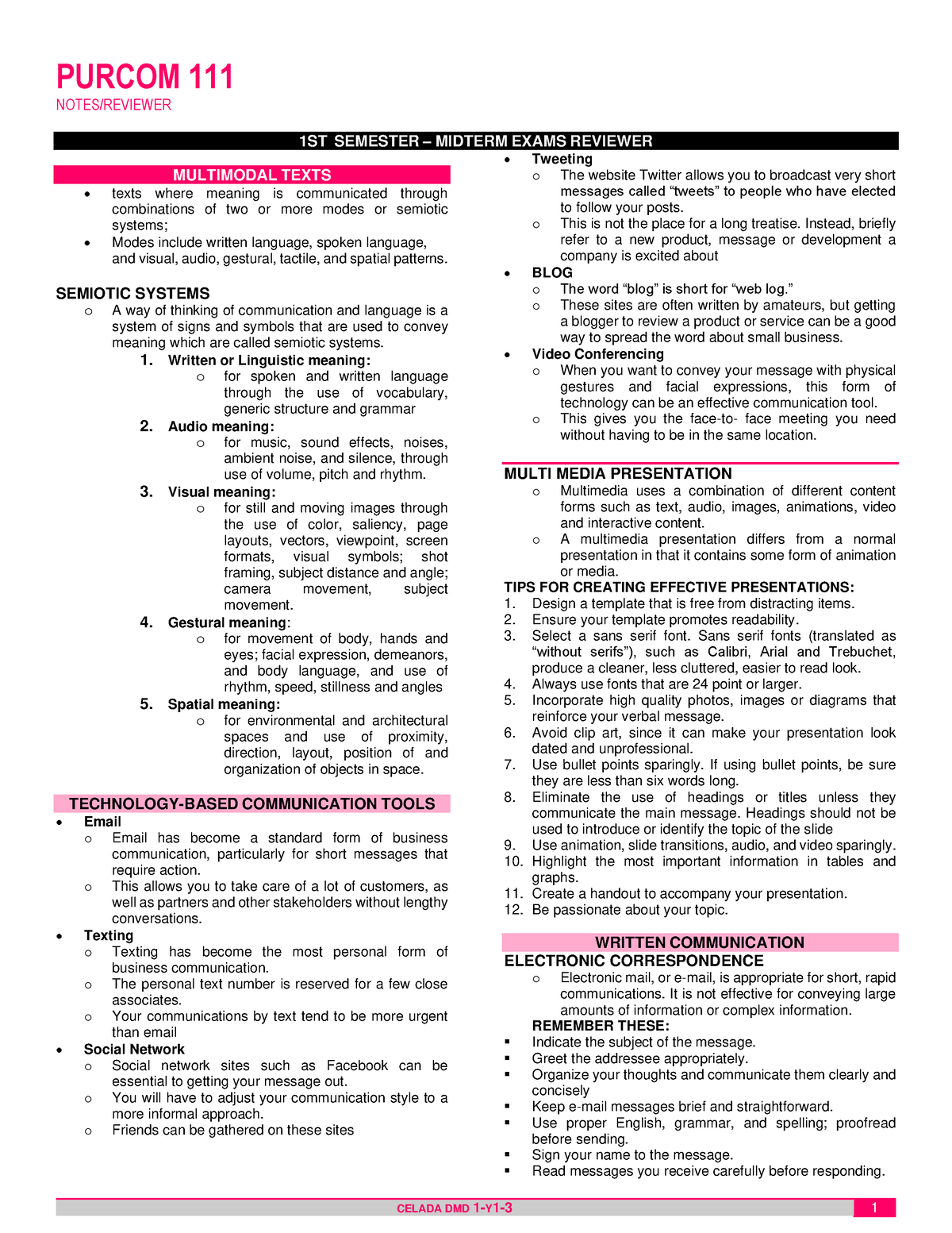 Purcom Midterm Reviewer - PURCOM 111 NOTES/REVIEWER CELADA DMD 1 - Y 1 ...