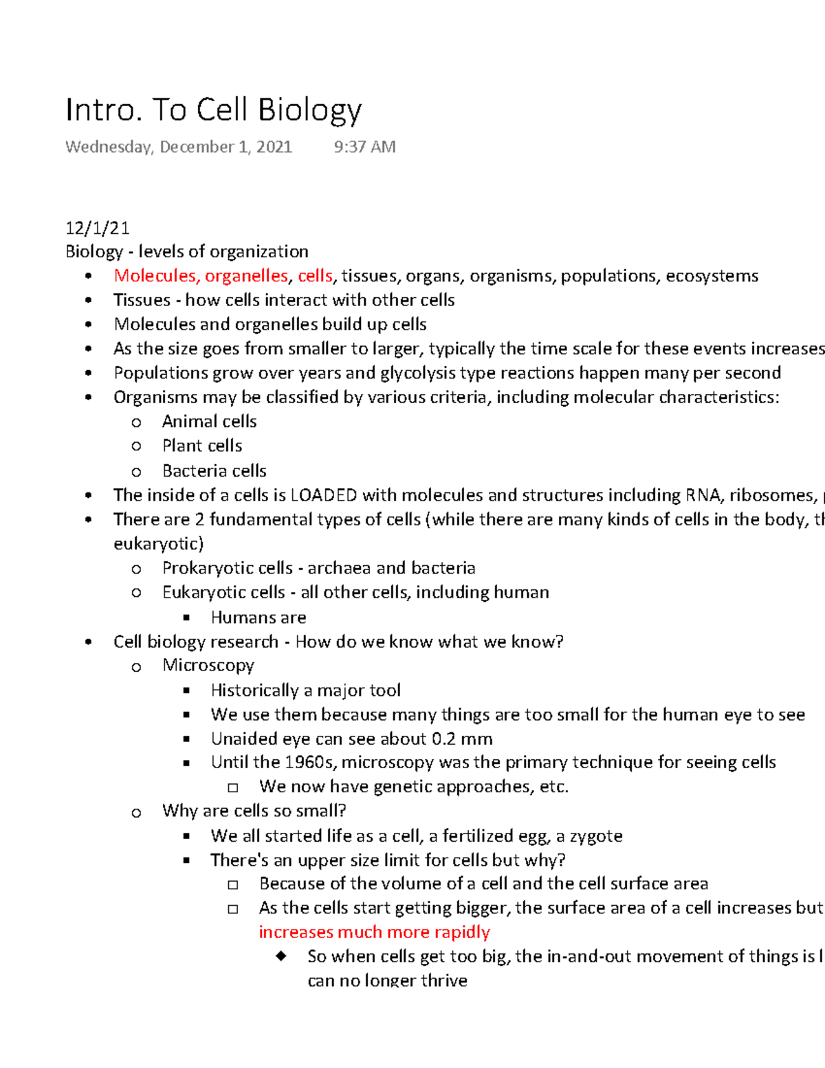 Cell Biology Exam 1 Notes - 12/1/ Biology - levels of organization ...