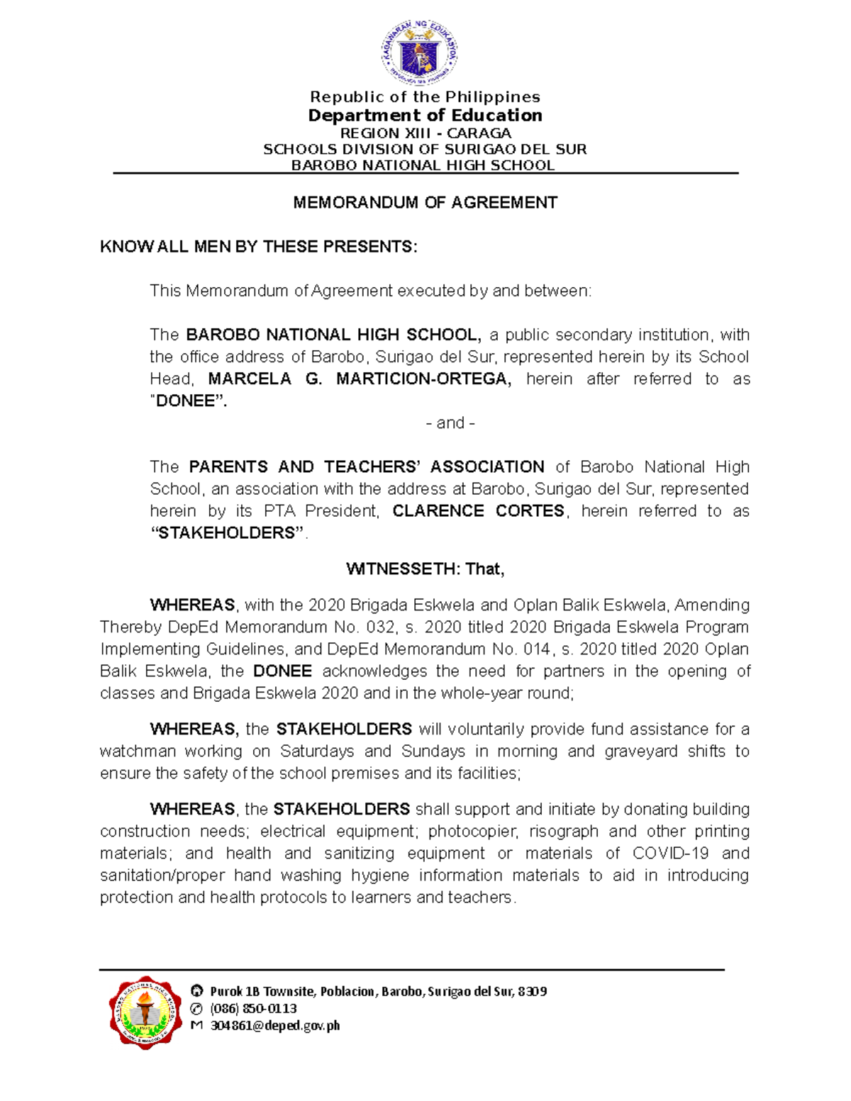 Memorandum OF Agreement PTA Republic Of The Philippines Department Of
