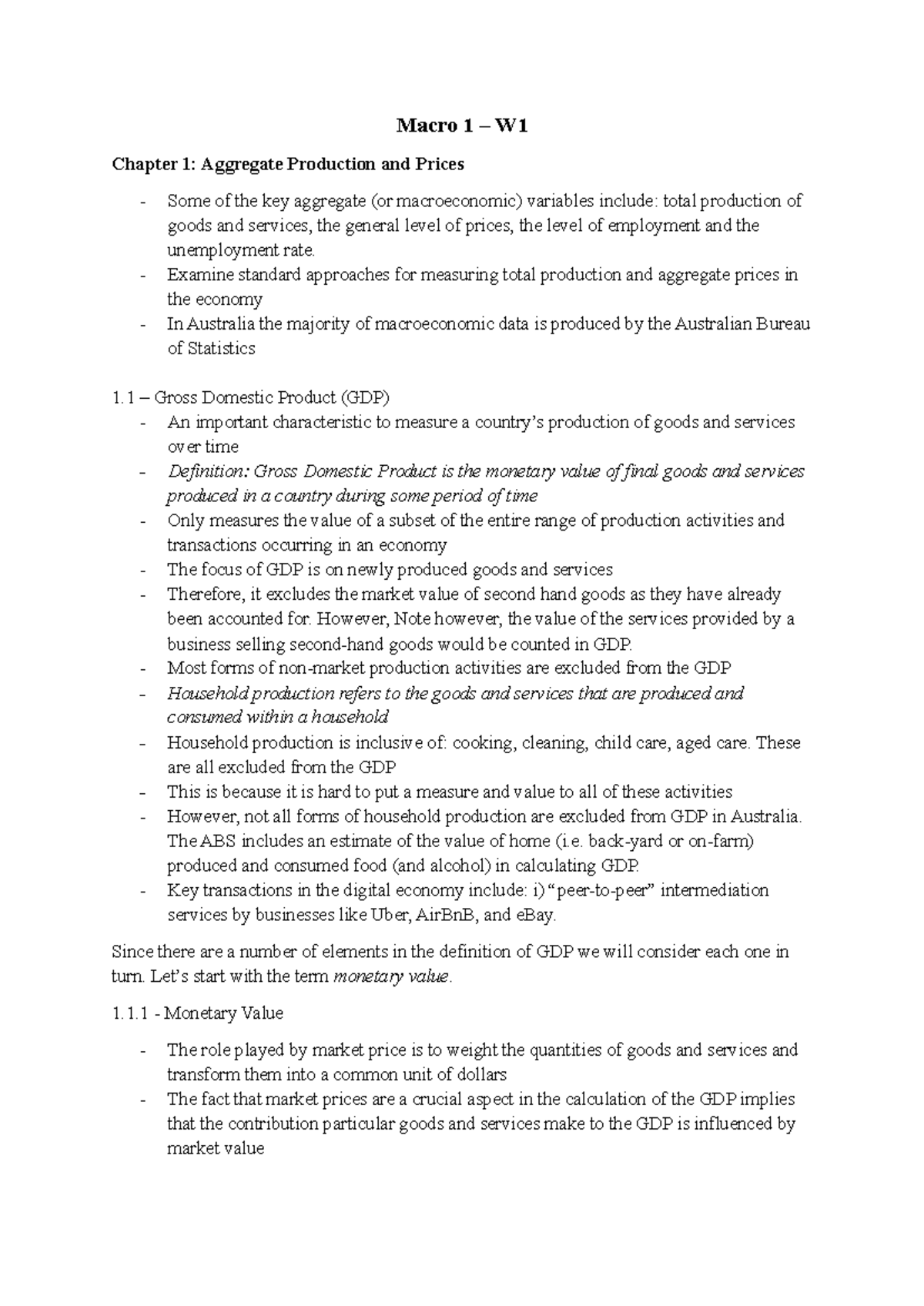 Macro - W1 notes - Macro 1 – W Chapter 1: Aggregate Production and ...