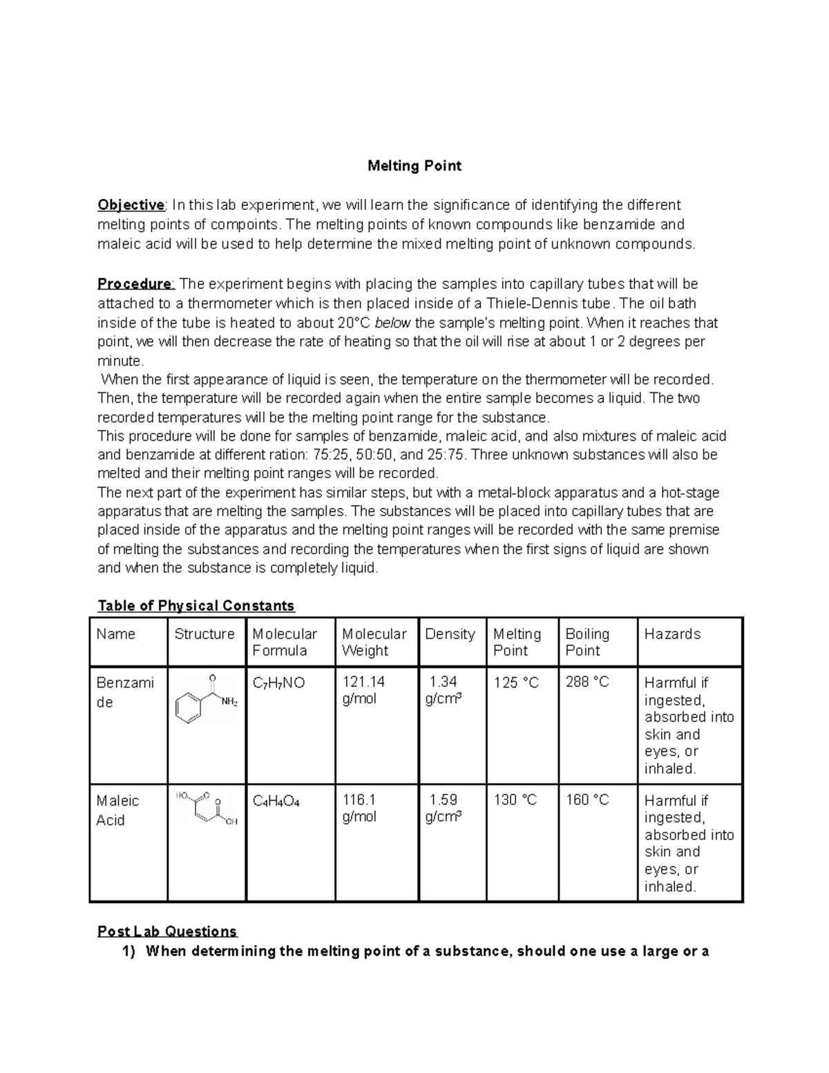 Melting Point Lab Melting Point Objective In this lab experiment, we