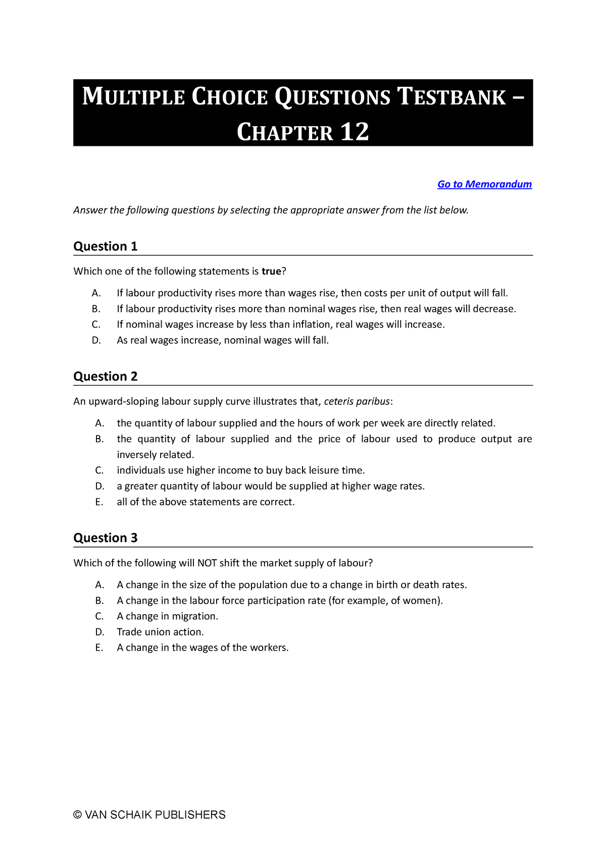 Economics 5 MCQ C12 - MULTIPLE CHOICE QUESTIONS TESTBANK – CHAPTER 12 ...