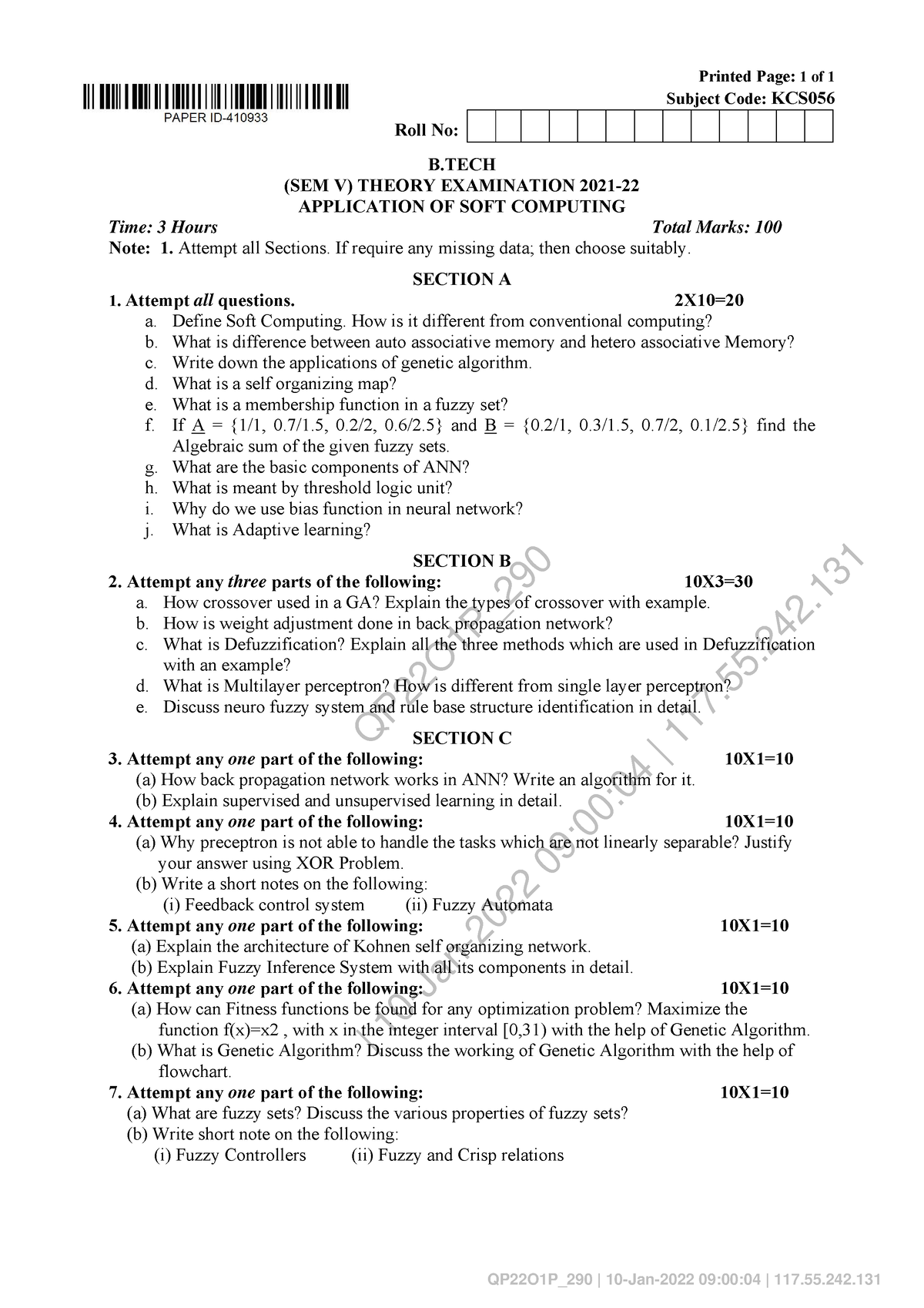 Application OF SOFT Computing KCS 056 - QP22O1P_ | 10-Jan-2022 09:00:04 ...