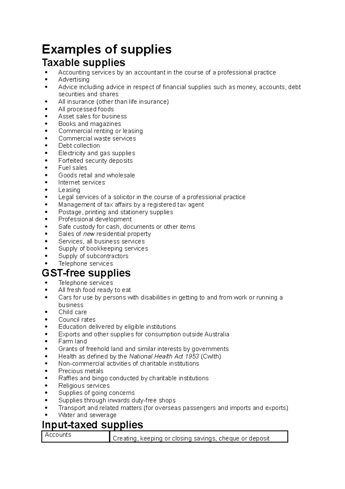Examples of supplies note for exams Examples of supplies Taxable