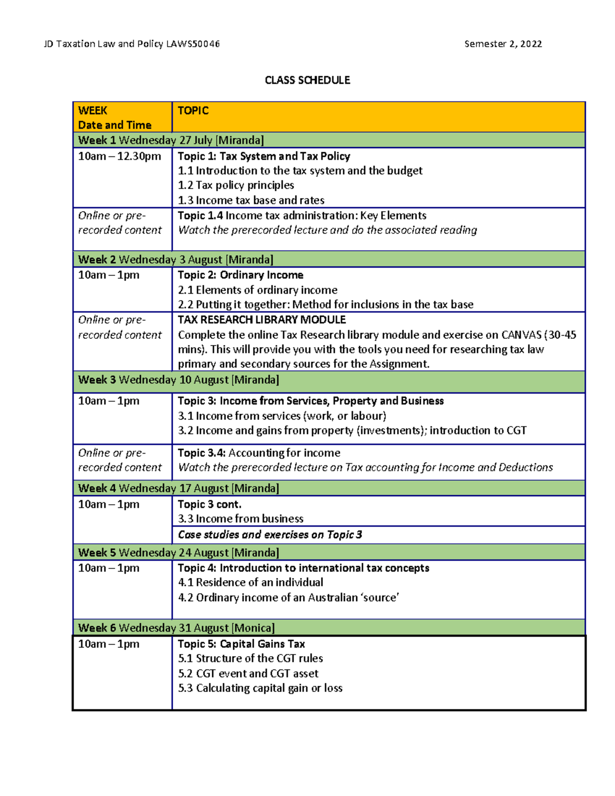 Class Schedule Sem 2 2022 - JD Taxation Law And Policy LAWS50046 ...