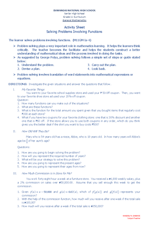 Activity Sheet-Operations on Functions(More Problems) - DUMANGAS ...