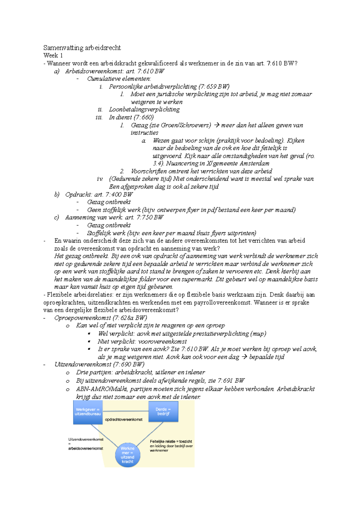 Samenvatting Arbeidsrecht - 7:610 BW? A) Arbeidsovereenkomst: Art. 7: ...