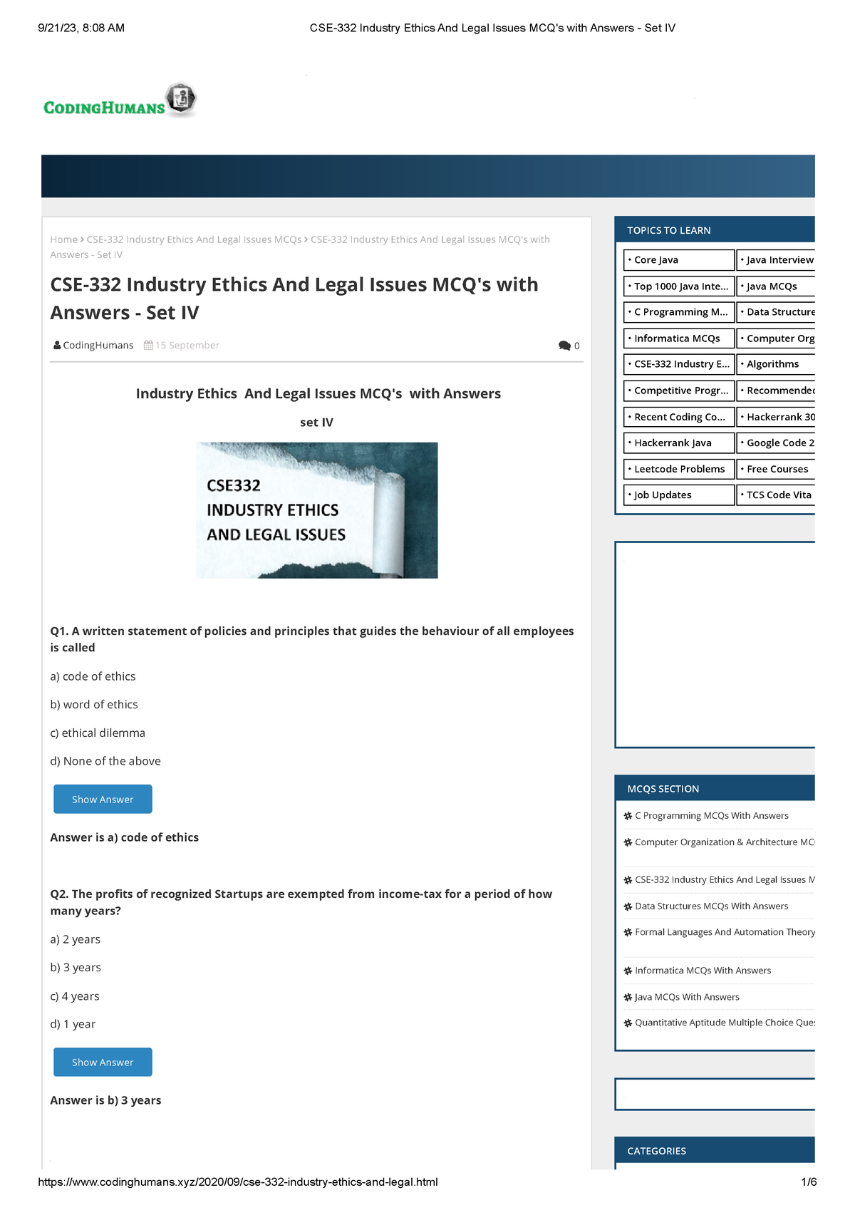 CSE-332 Industry Ethics And Legal Issues MCQ's With Answers - Set IV ...