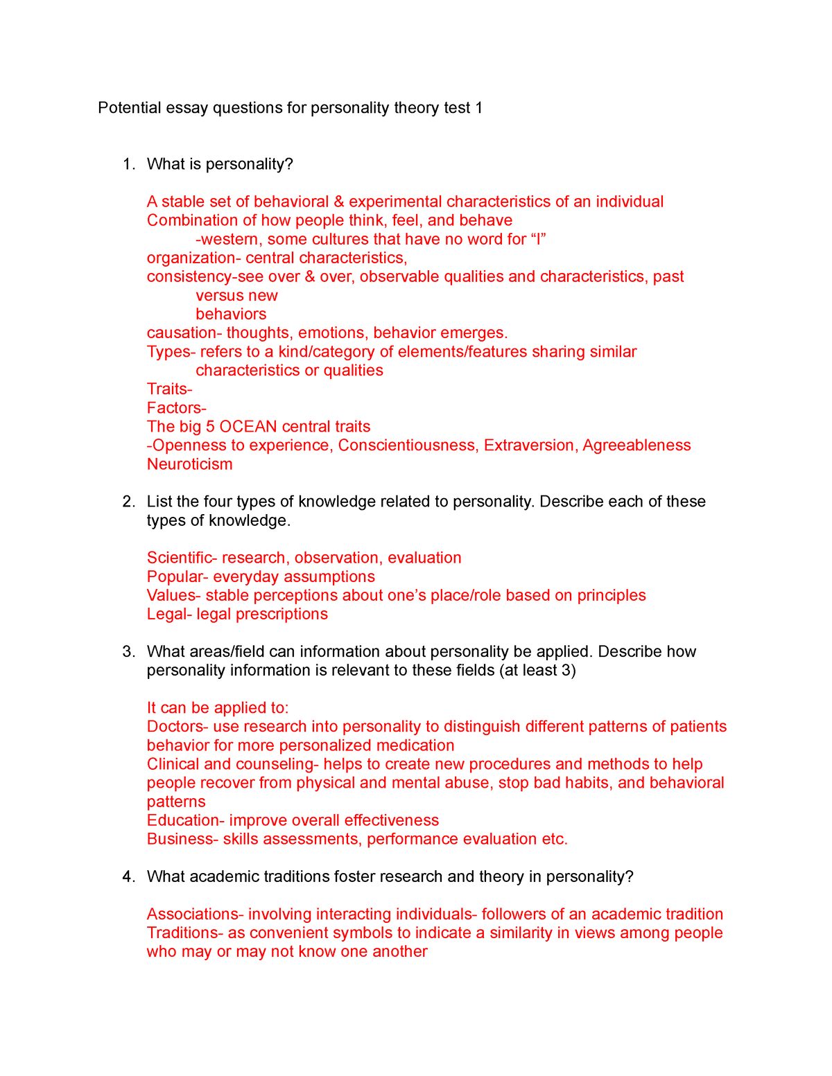 essay questions for personality development