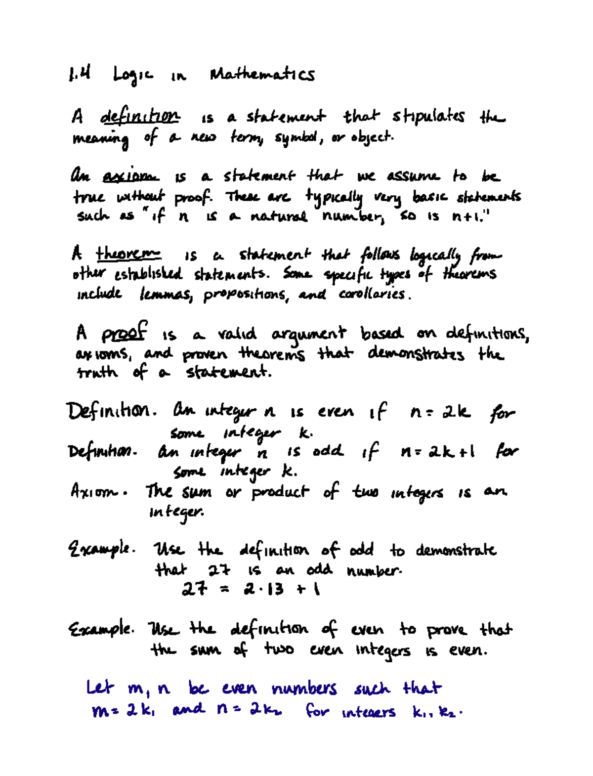1.4 Class Notes - ####### 1 4 Logic in Mathematics A definition is a ...