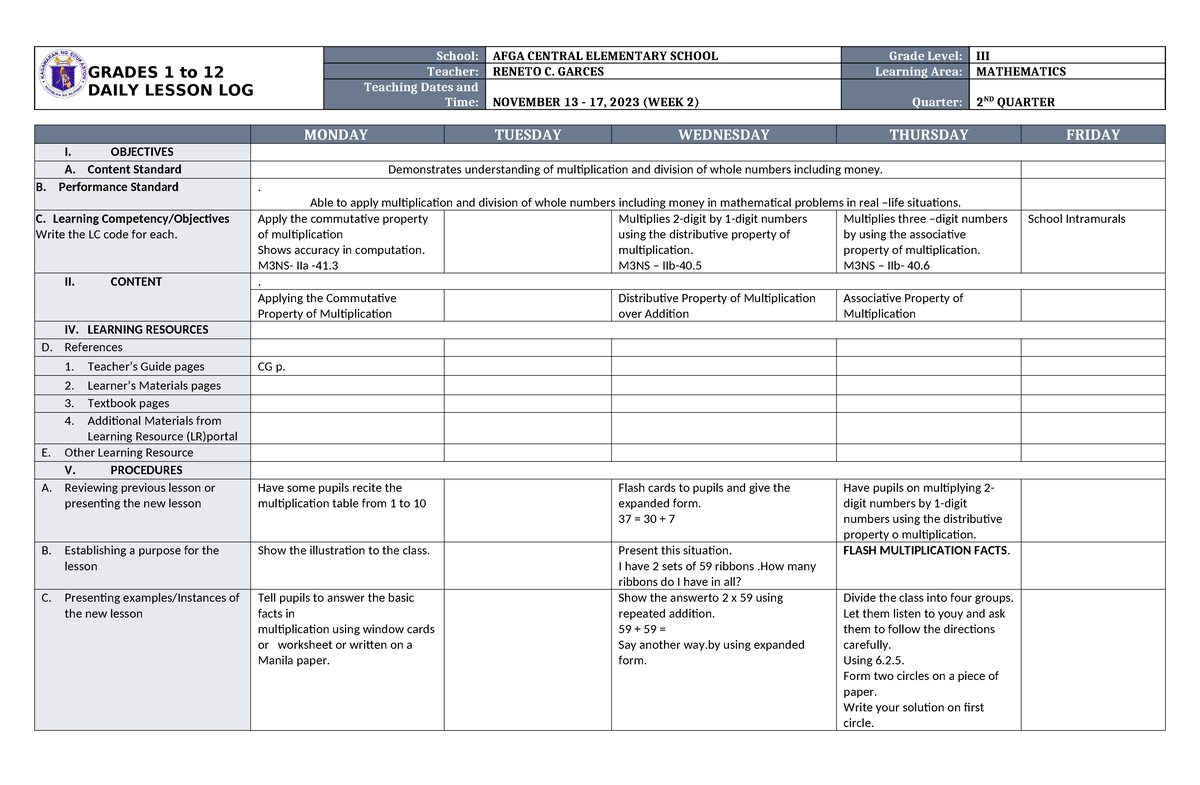 DLL Mathematics 3 Q2 W2 - dll - GRADES 1 to 12 DAILY LESSON LOG School ...