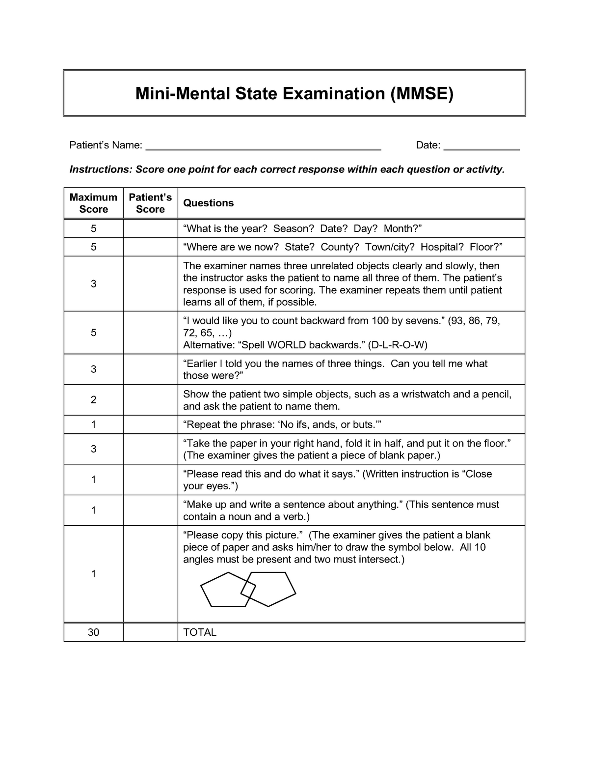 Mental Status Examination Mini Mental State Examination Mmse