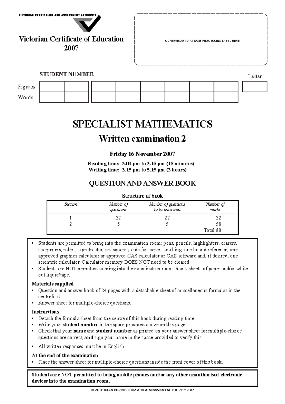 VCAA Exam 2 2007 dsgdshgsdgsdg SUPERVISOR TO ATTACH PROCESSING