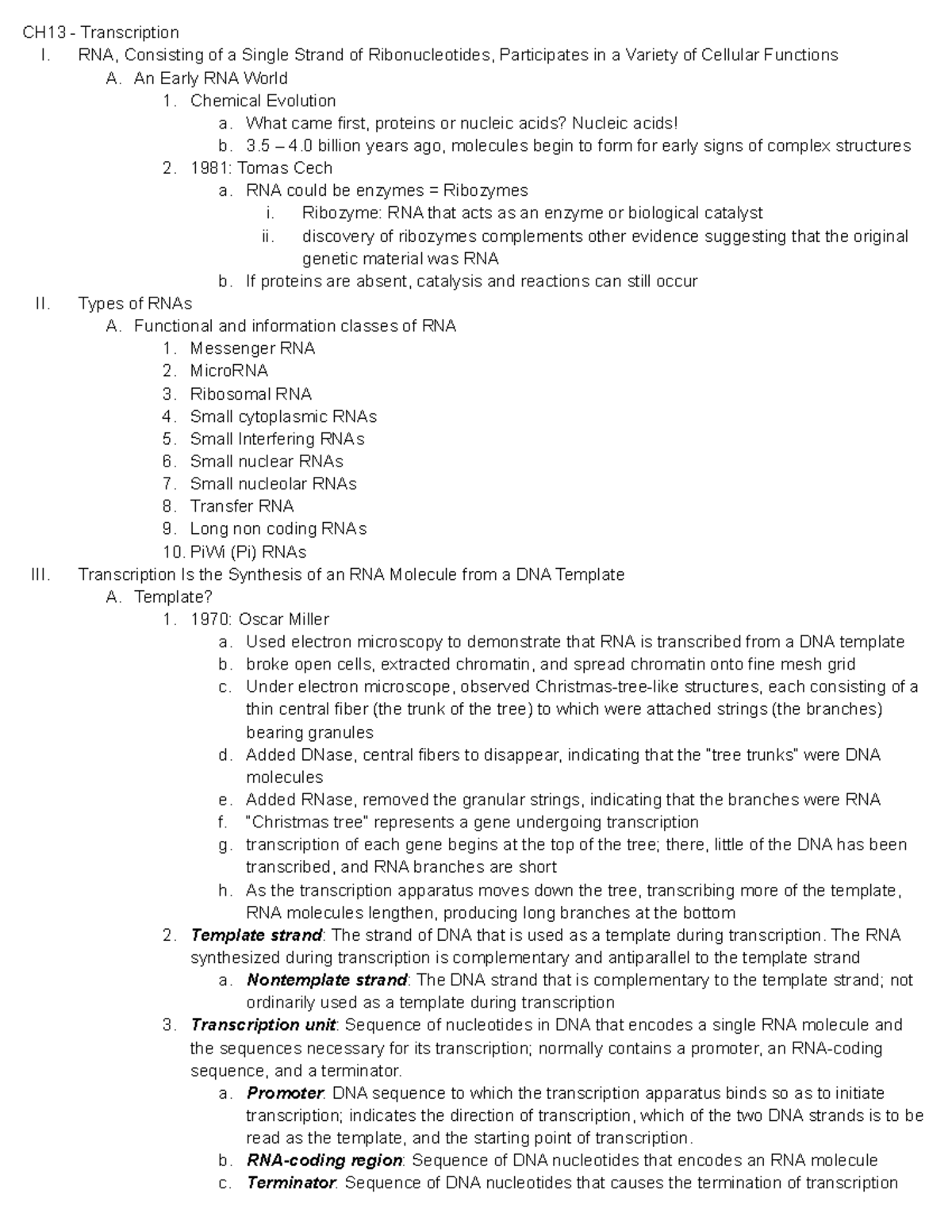 CH13 Notes - CH13 - Transcription I. RNA, Consisting of a Single Strand ...