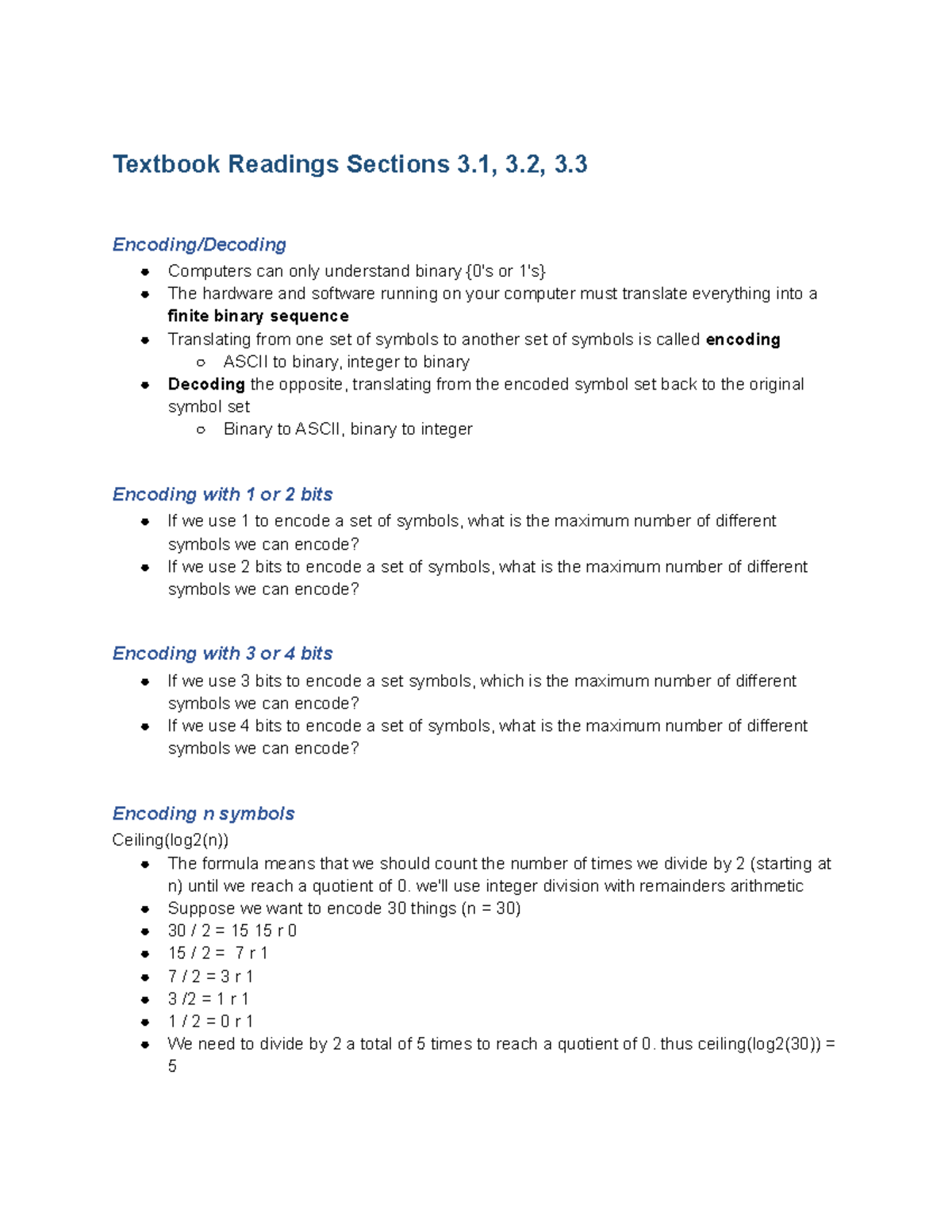 Sections 3.1 - 3.3 - Textbook Readings Sections 3, 3, 3. Encoding ...