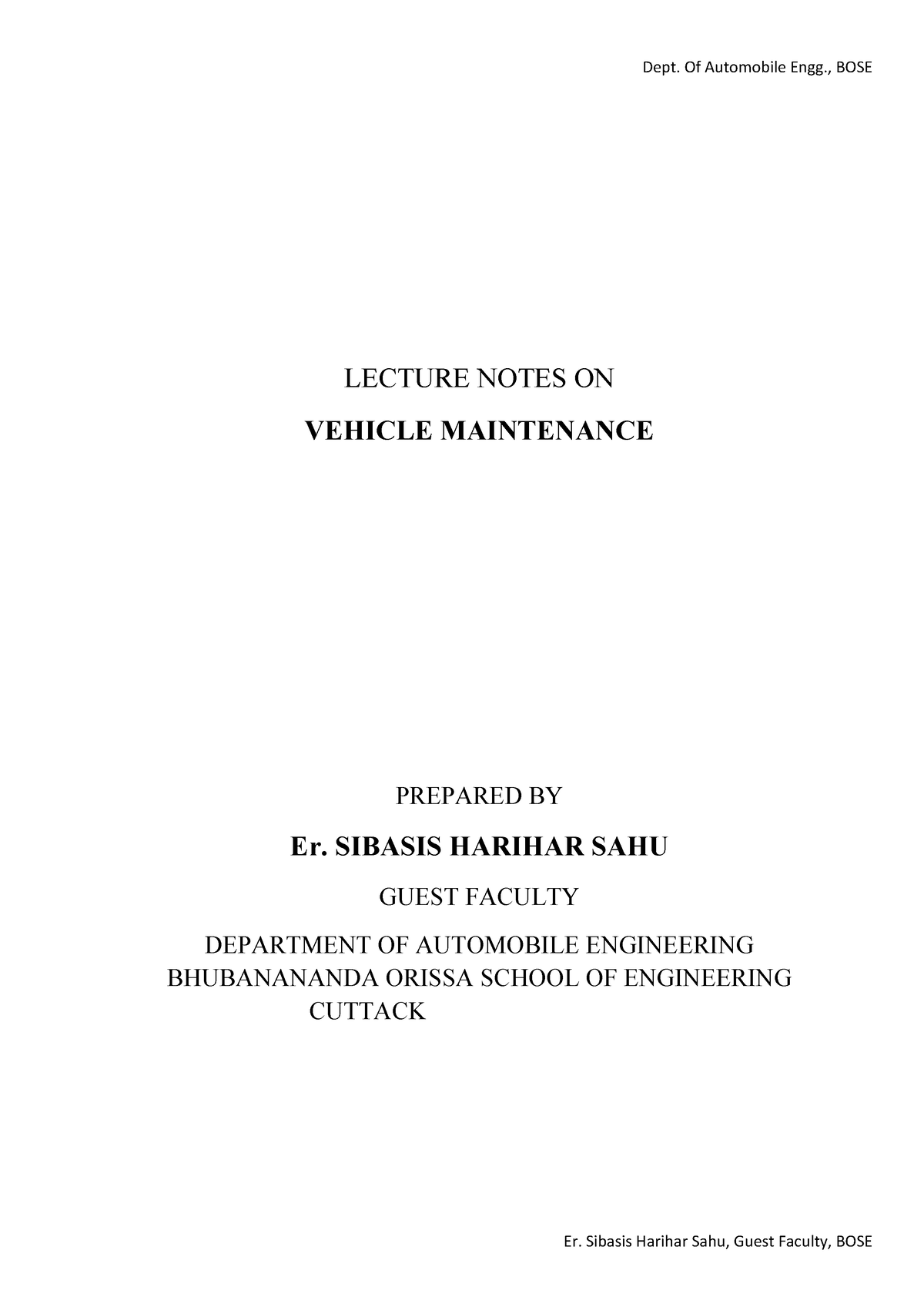 6TH Vehicle Maintenance - LECTURE NOTES ON VEHICLE MAINTENANCE PREPARED ...