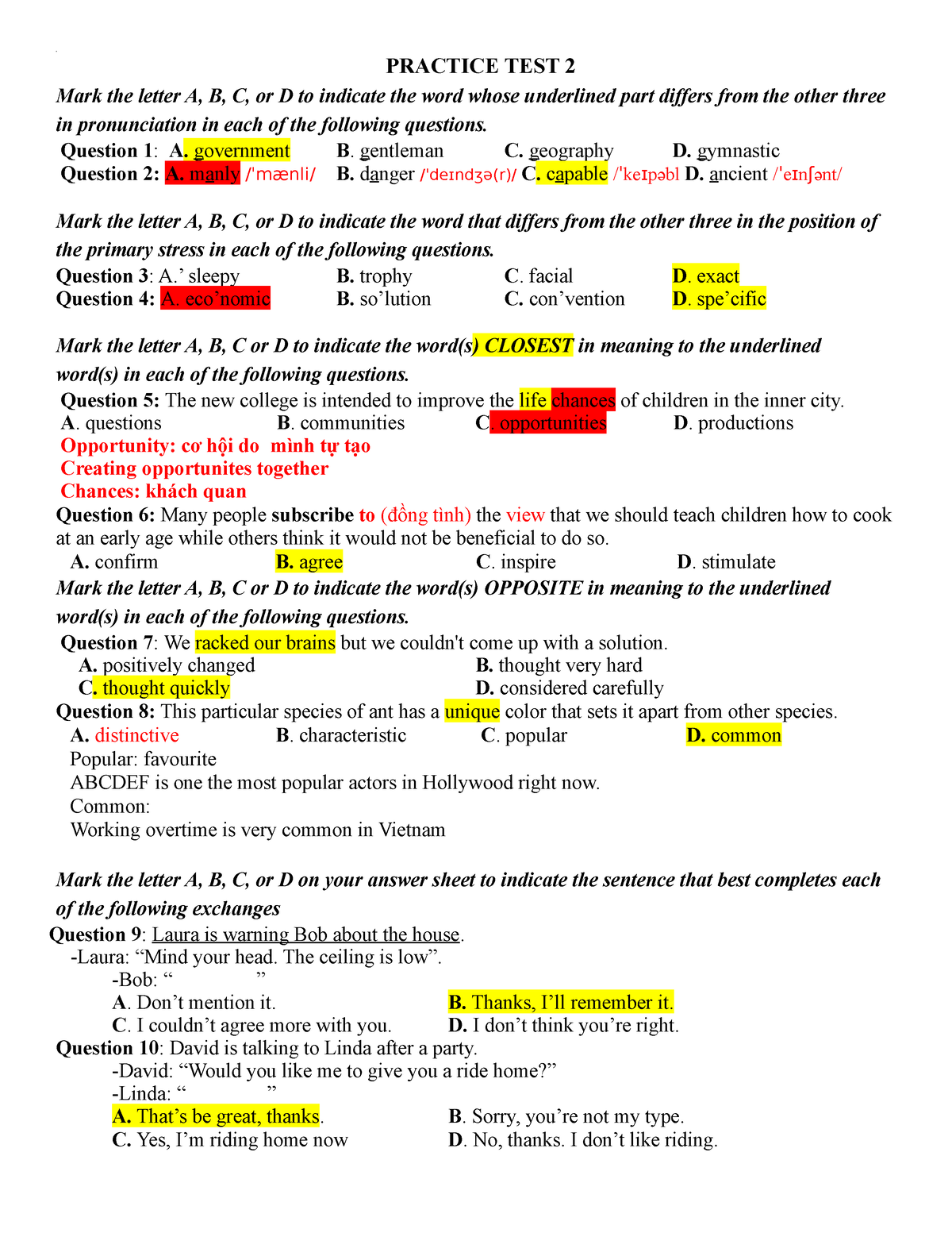 Practice Test 2 - Ffsfgsf - 4 PRACTICE TEST 2 Mark The Letter A, B, C ...