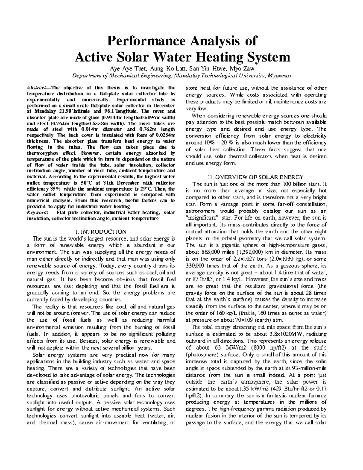 Solar Water Heating - Mechanical Engineering - Performance Analysis of ...