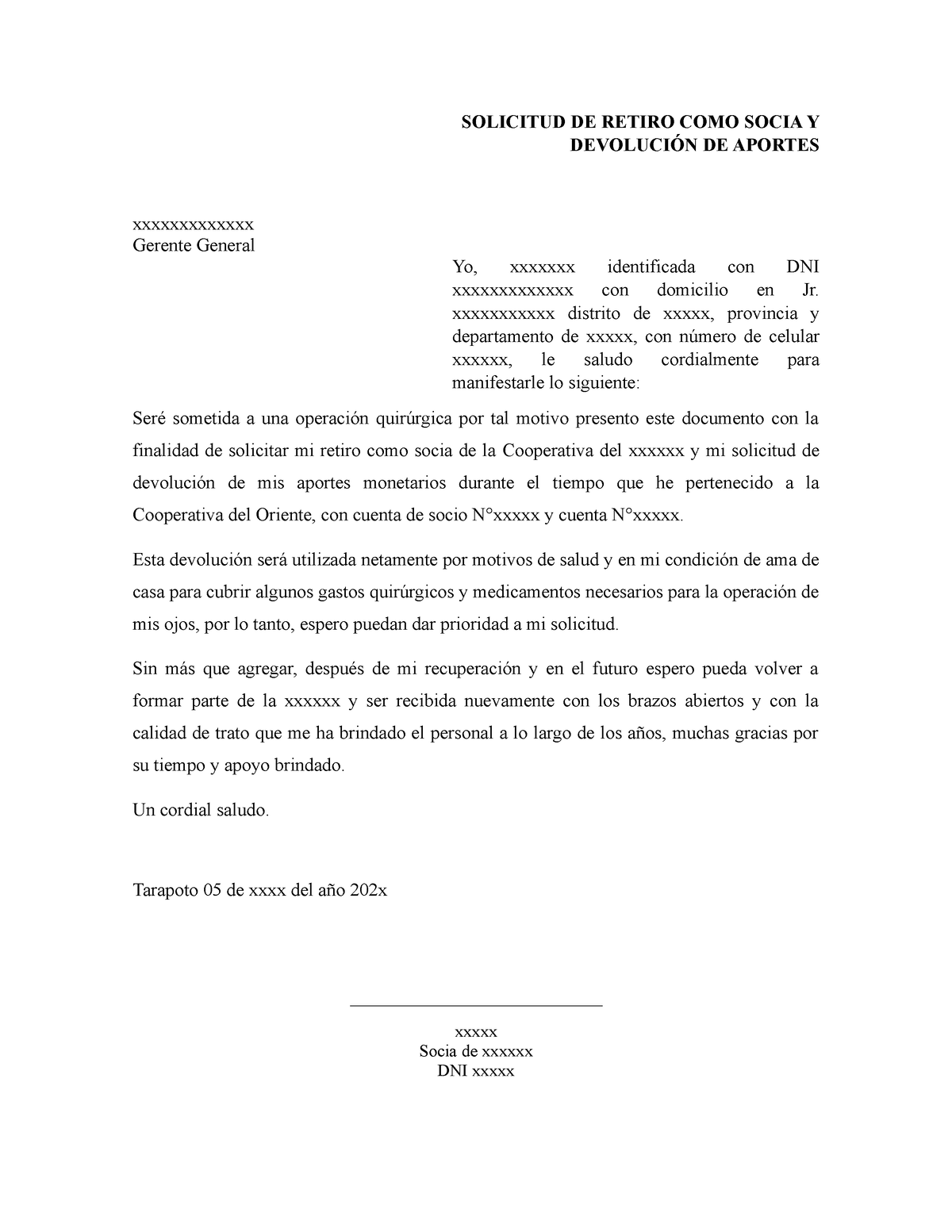Carta Solicitud De Devolucion De Aportes Cooperativa Solicitud De Retiro Como Socia Y 8464