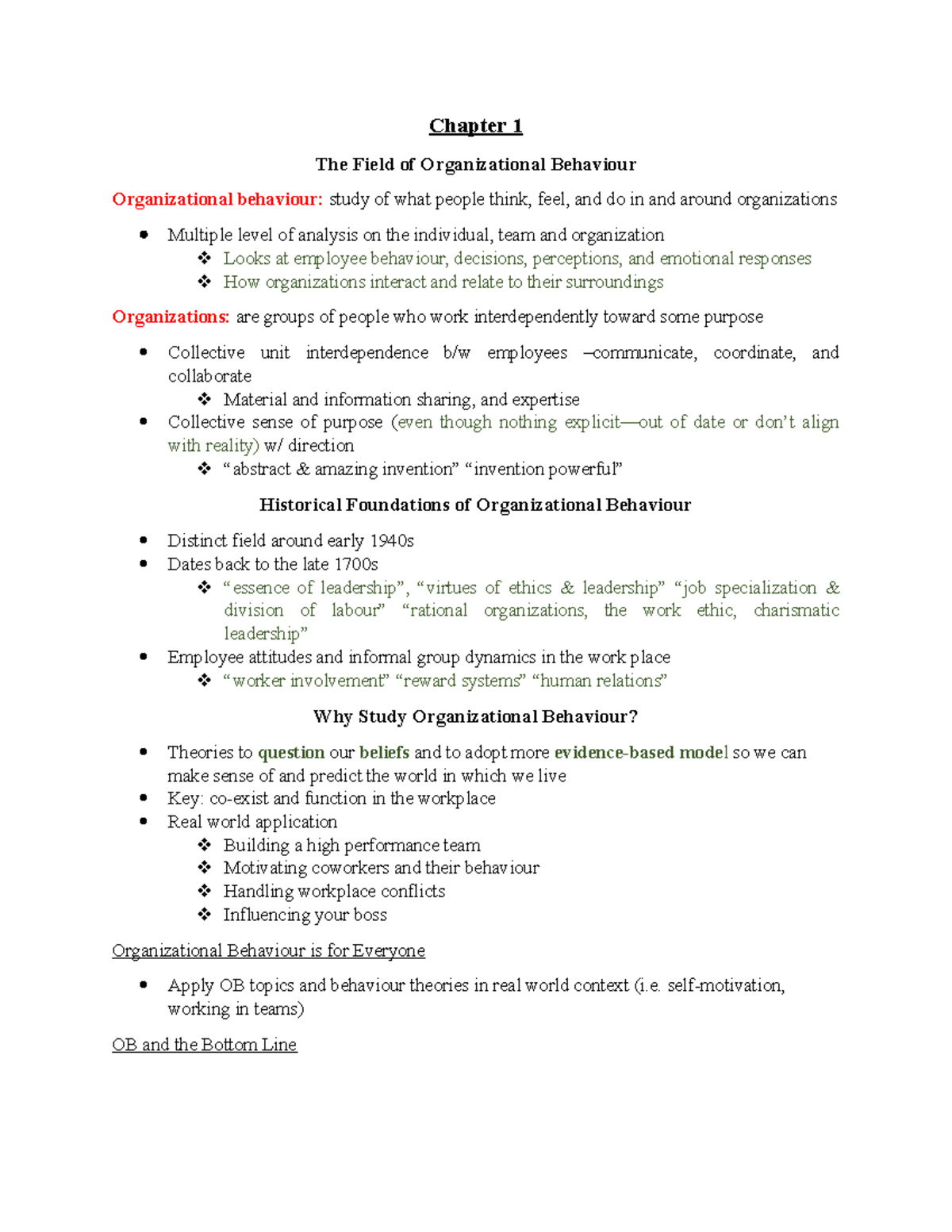 Chapter 1 Notes - Chapter 1 The Field Of Organizational Behaviour ...