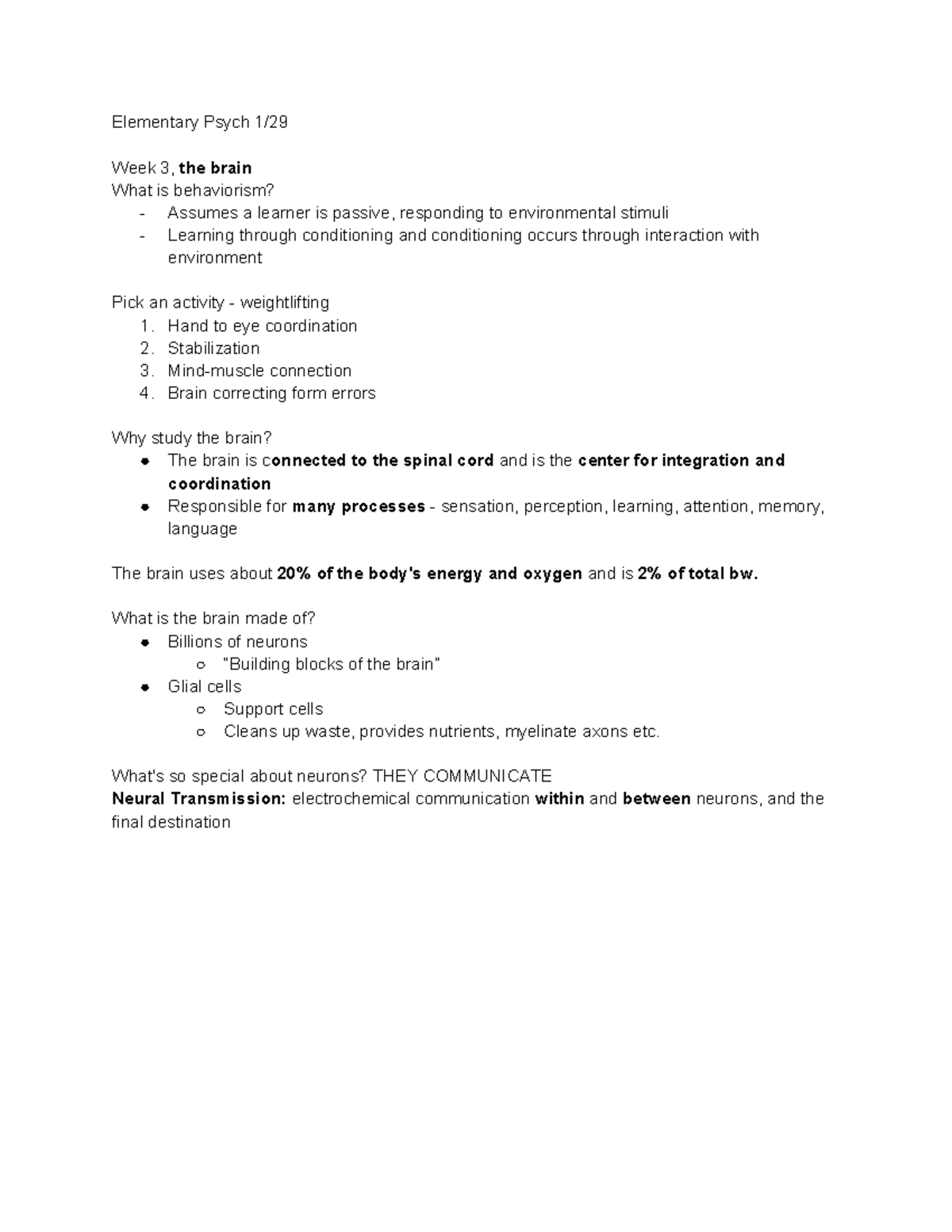 Lecture notes from elementary psych - Elementary Psych 1/ Week 3, the ...