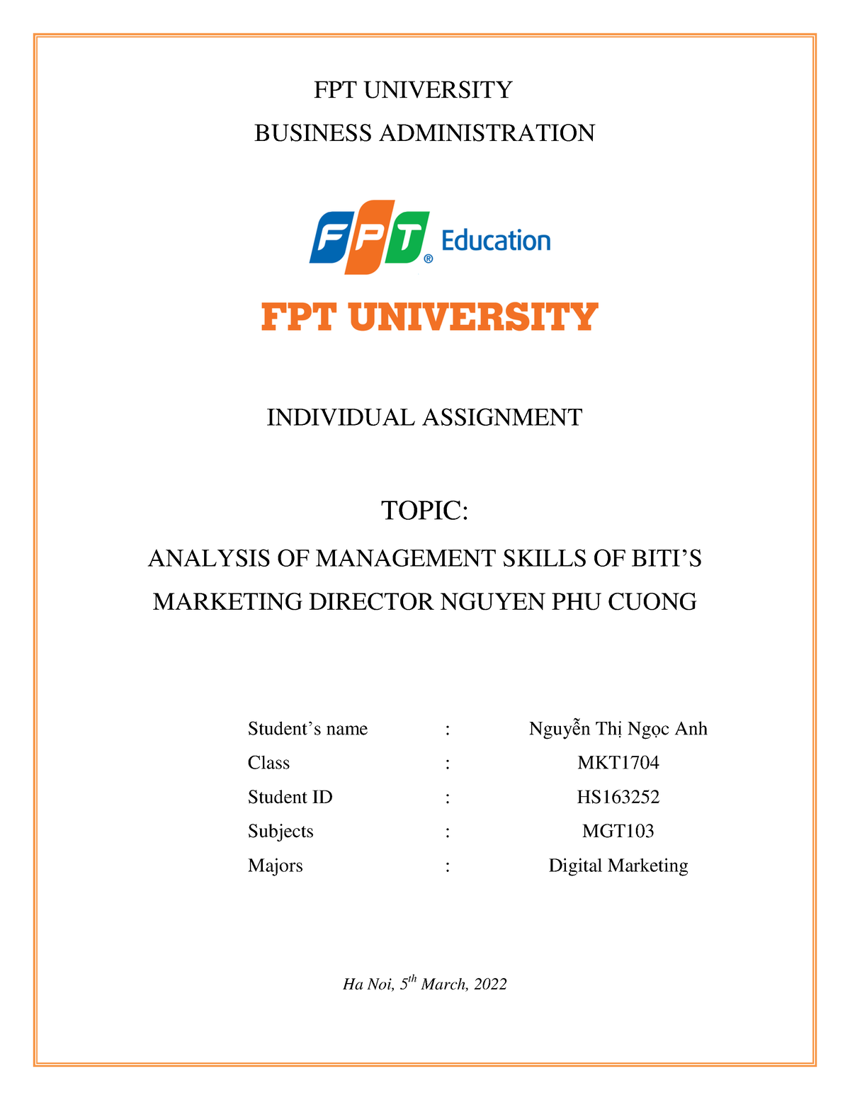 Individual Assignment MGT103 - FPT UNIVERSITY BUSINESS ADMINISTRATION ...