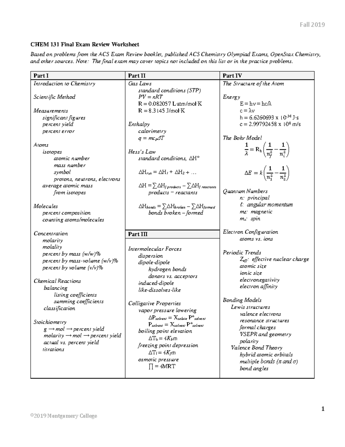 Chem 131 final review - 1 CHEM 131 Final Exam Review Worksheet Based on ...