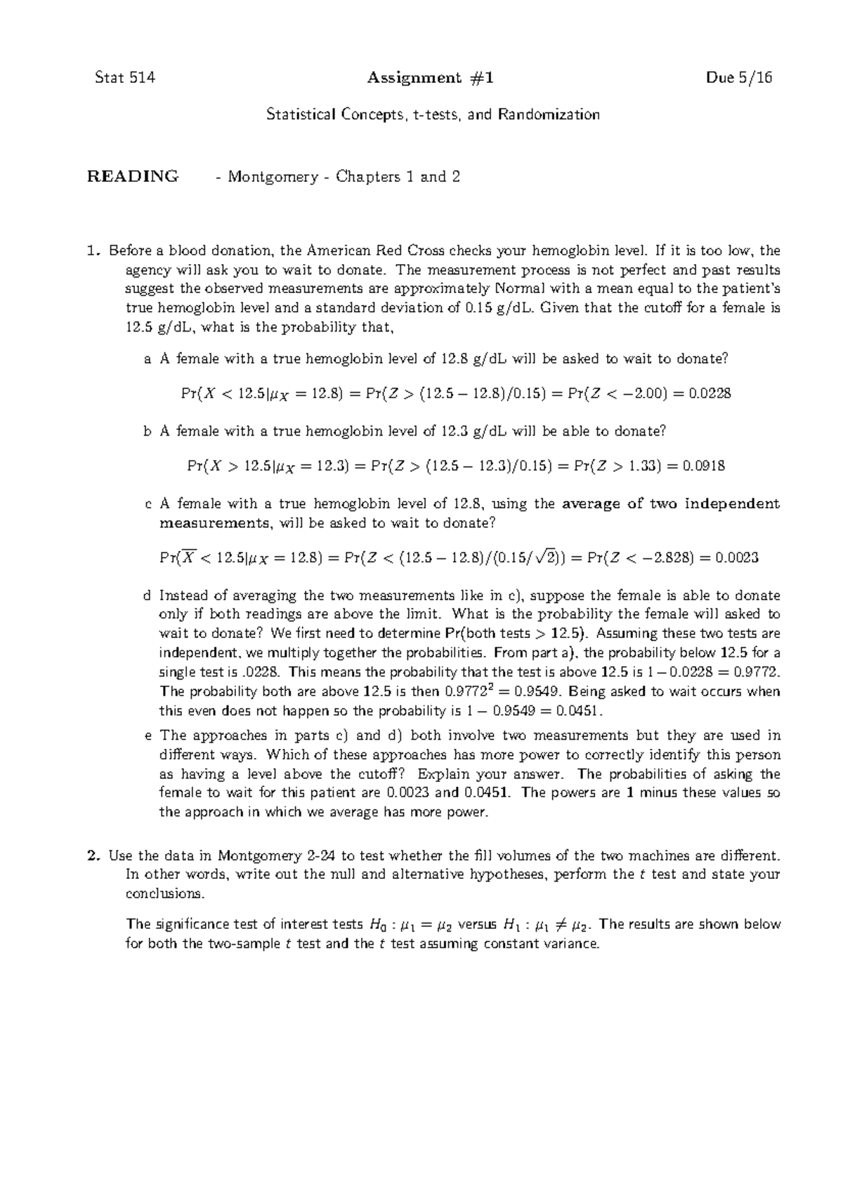 Hw1a - Home work 1 - Stat 514 Assignment #1 Due 5/16 Statistical ...