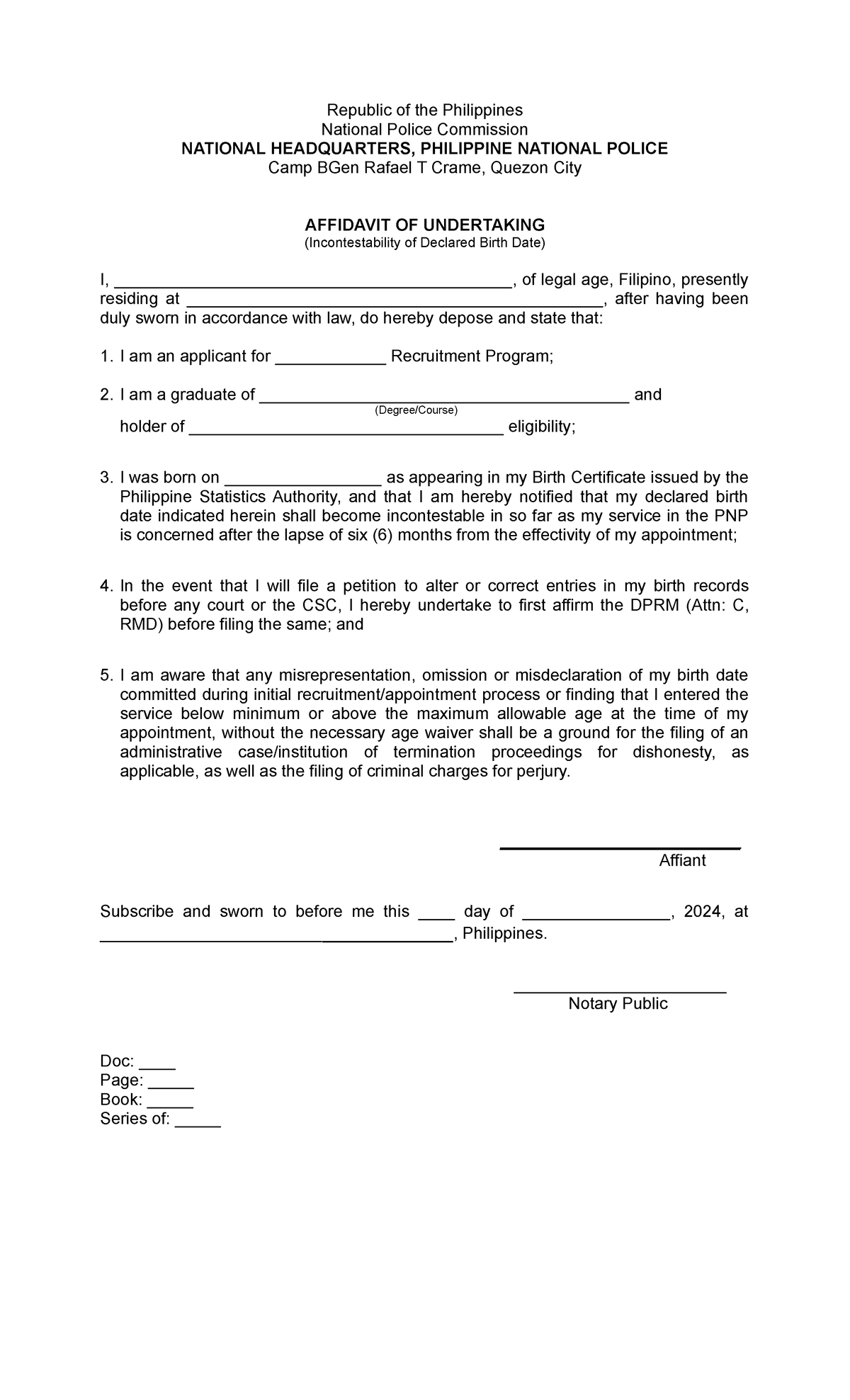 Affidavit OF Undertaking re Incontestability OF Declared Birth DATE ...