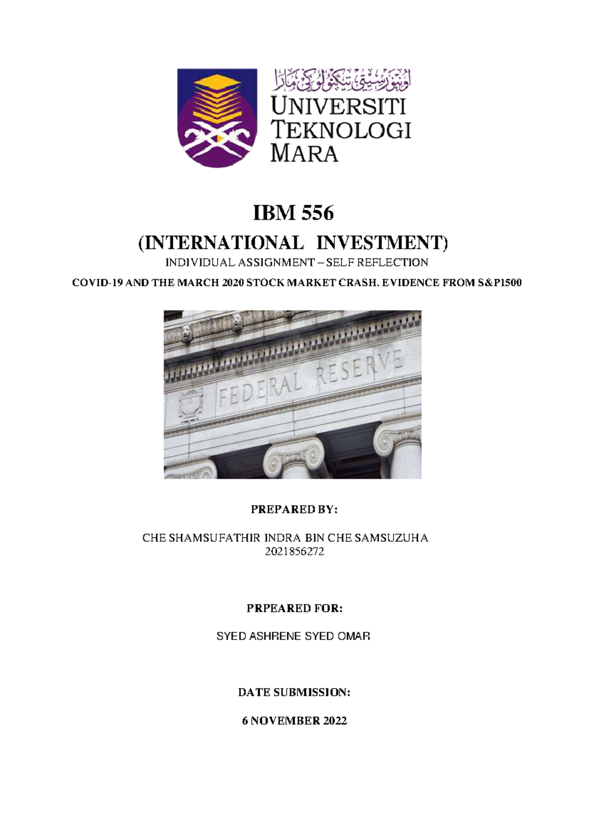 Assignment Individual self reflection IBM556 - IBM 556 (INTERNATIONAL ...