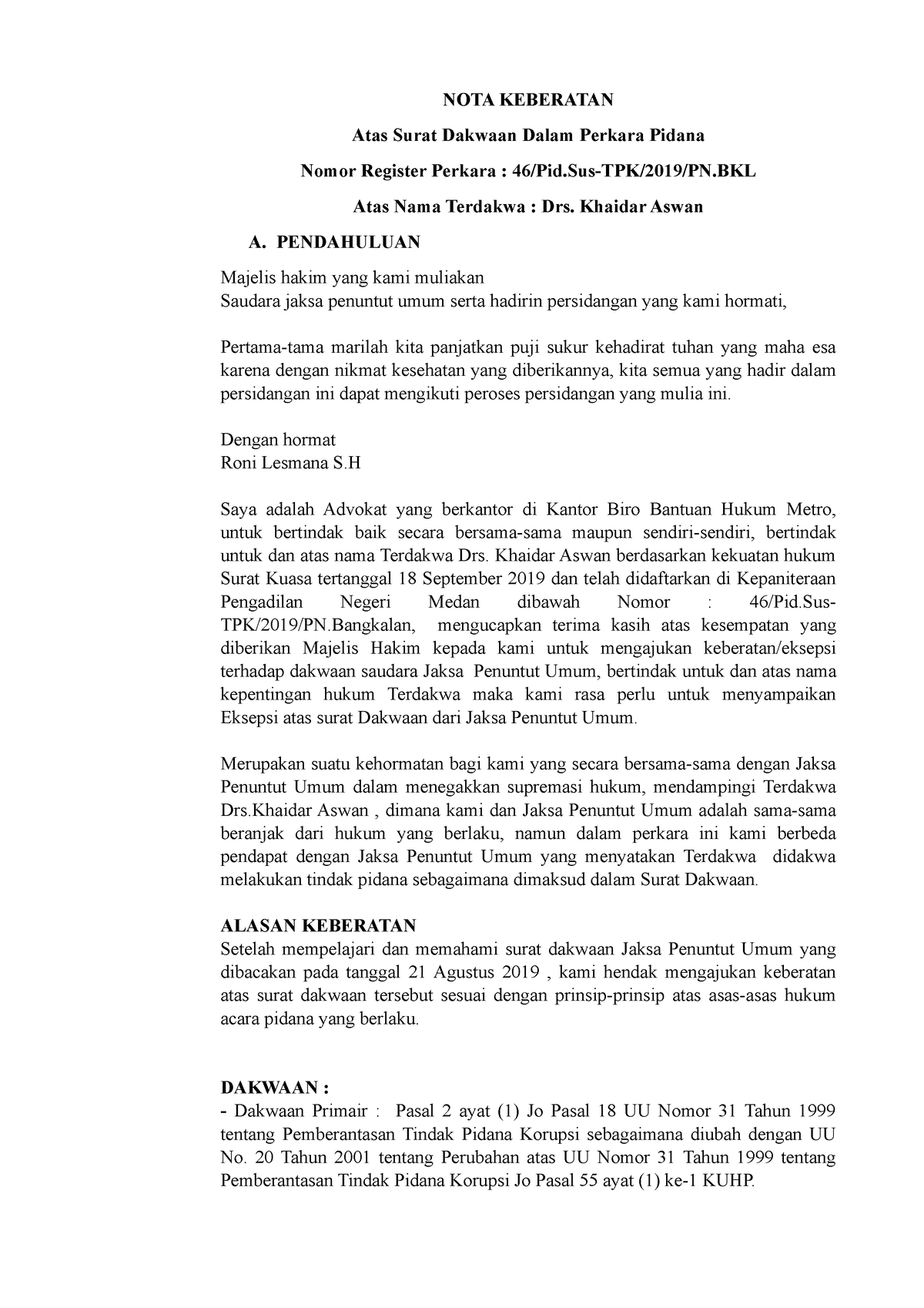 Contoh Nota Pembelaan - NOTA KEBERATAN Atas Surat Dakwaan Dalam Perkara ...