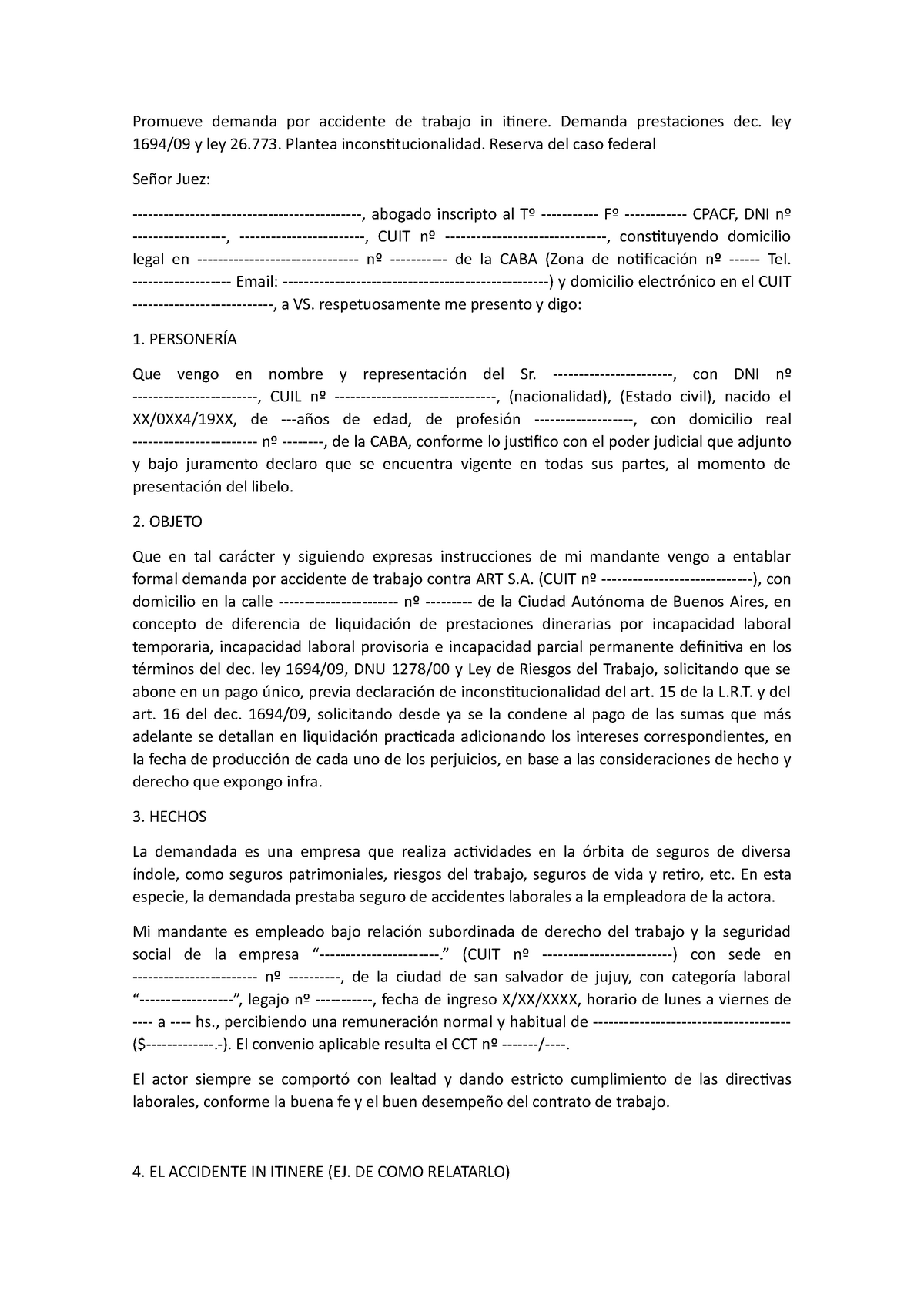 Promueve demanda por accidente de trabajo in itinere - Demanda prestaciones  dec. ley 1694/09 y ley - Studocu