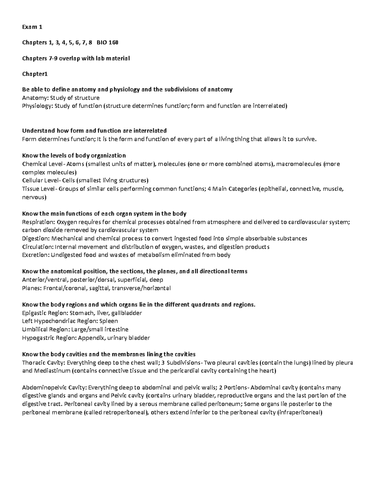 Anatomy Study Guide Exam 1 - Exam 1 Chapters 1, 3, 4, 5, 6, 7, 8 BIO ...
