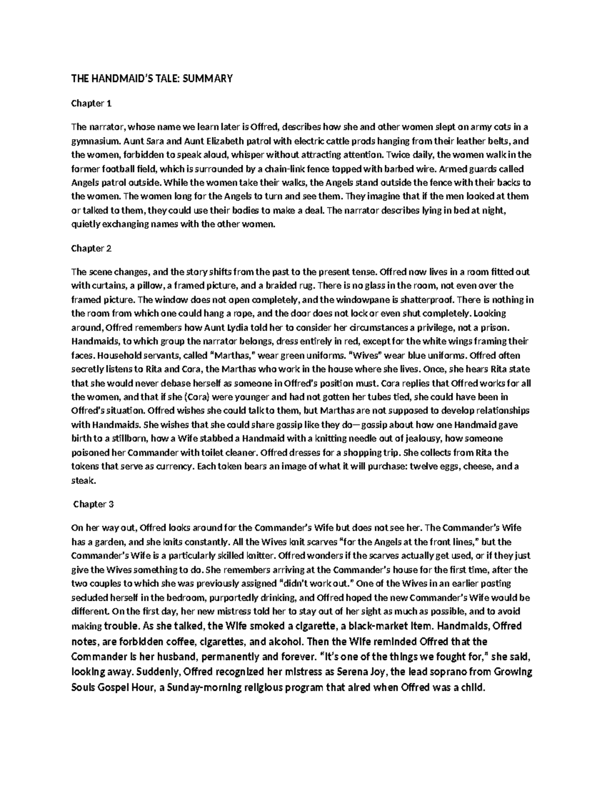 THE Handmaids TALE Summery THE HANDMAID’S TALE SUMMARY Chapter 1 The