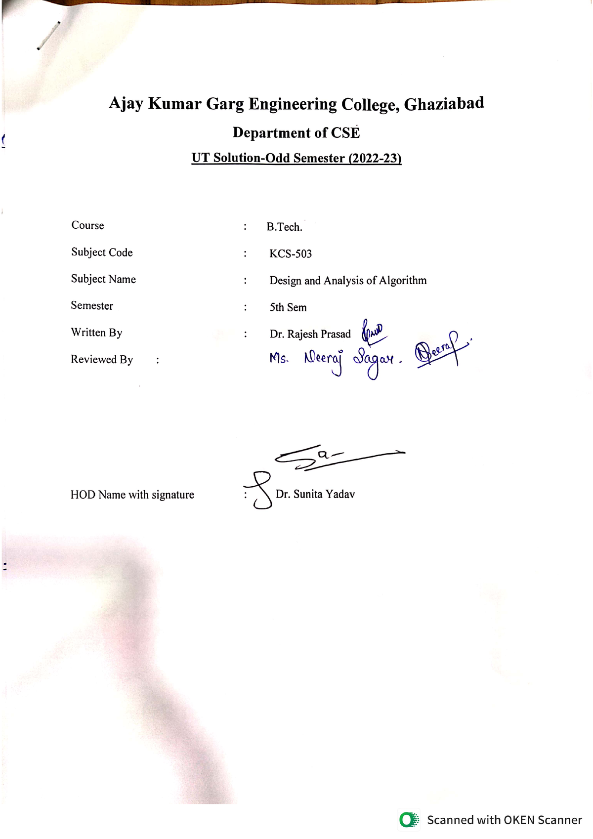 Design And Analysis Of Algorithms KCS-503 UT Sol ODD 22-23 - B.tech ...