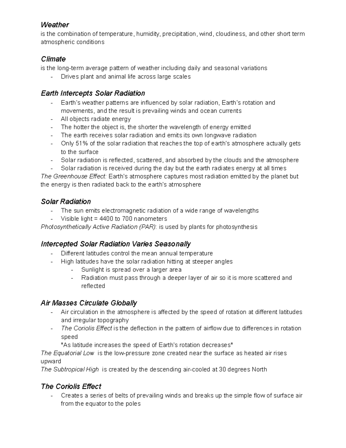 Ch. 2 - Climate - Ecology - Weather is the combination of temperature ...