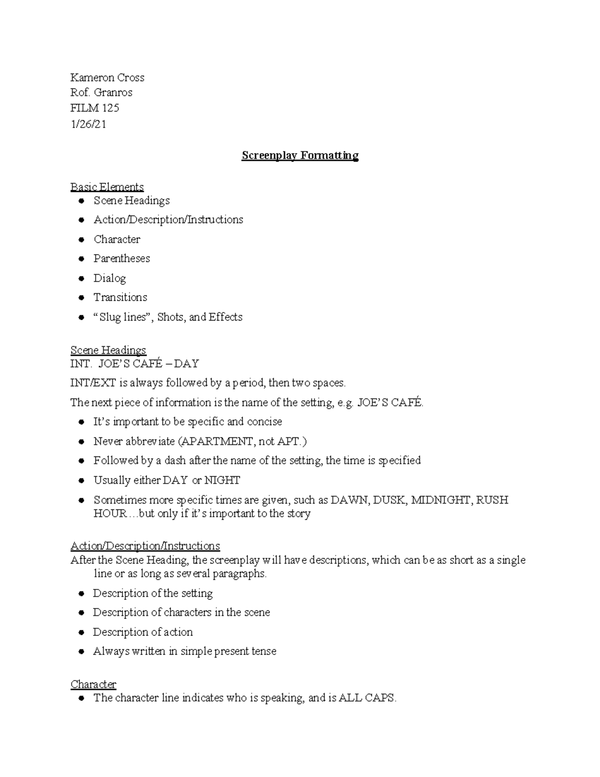 FILM 125 1-26-21 Notes - Kameron Cross Rof. Granros FILM 125 1/26 ...