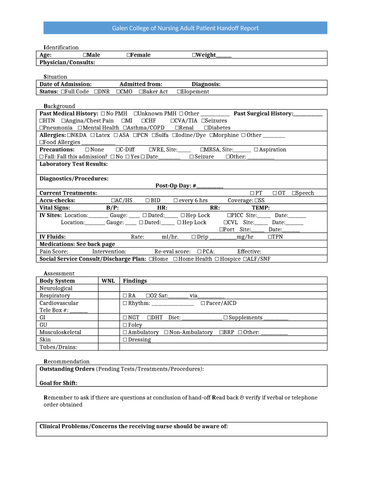 Patient Handoff Report - Identification Age: Male Female Weight ...