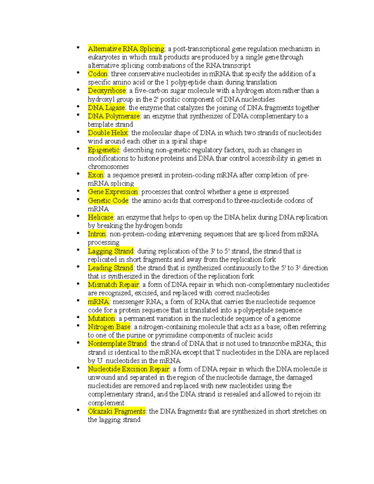 Ch. 9 Vocab Alternative RNA Splicing a posttranscriptional gene