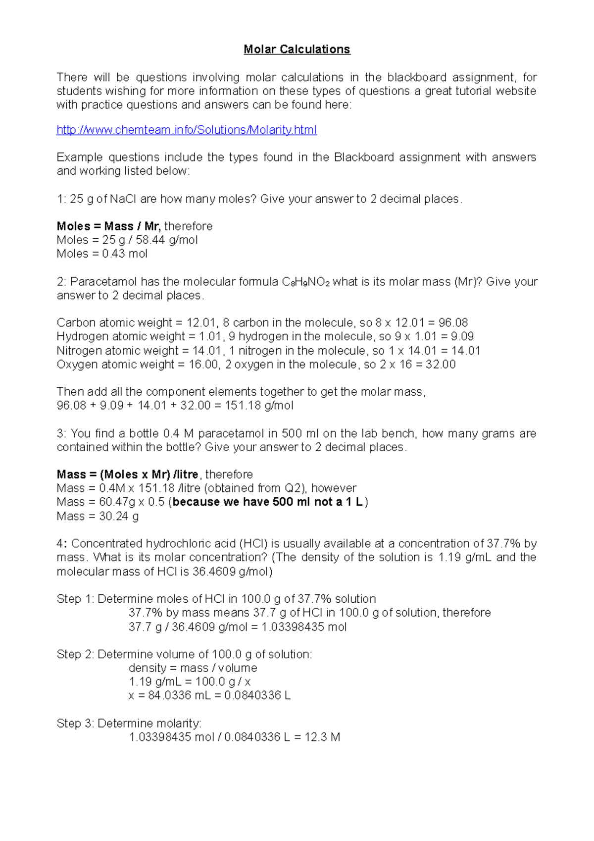 Molar Calculations Helpsheet - Molar Calculations There will be