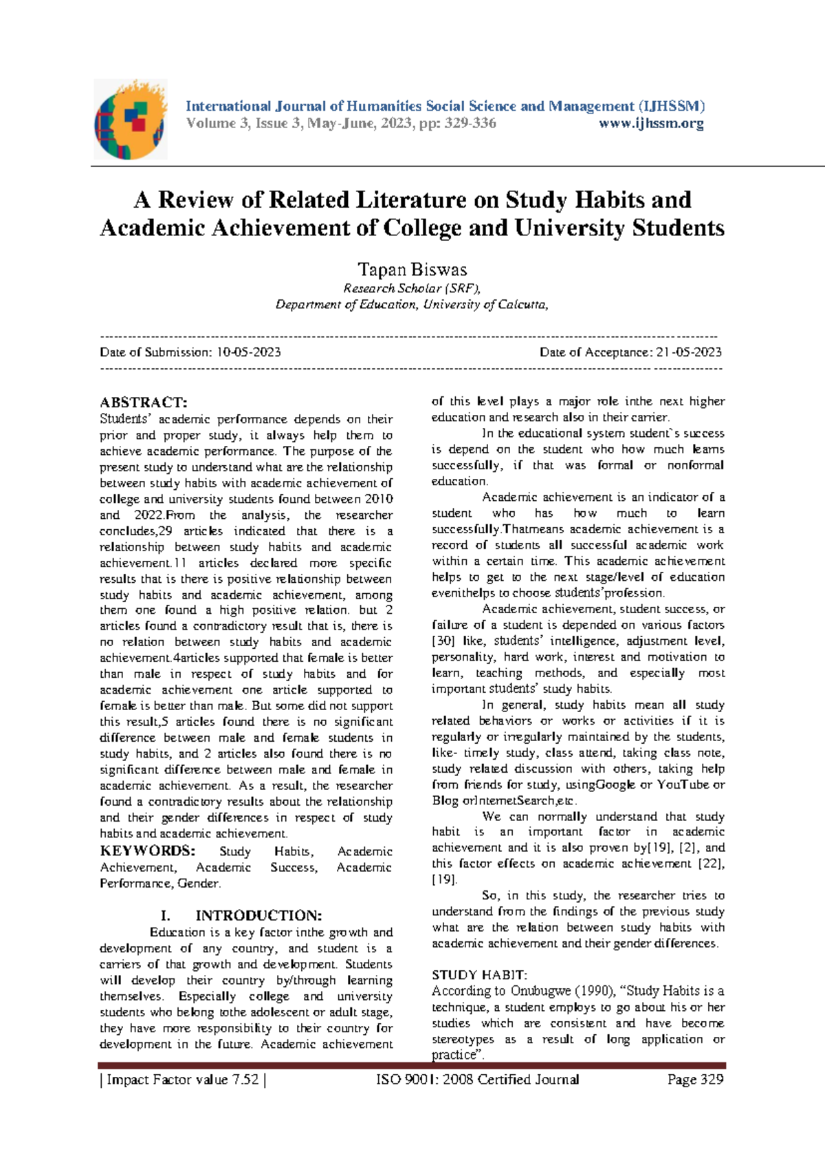 A Review of Related Literature on Study Habits and Academic Achievement