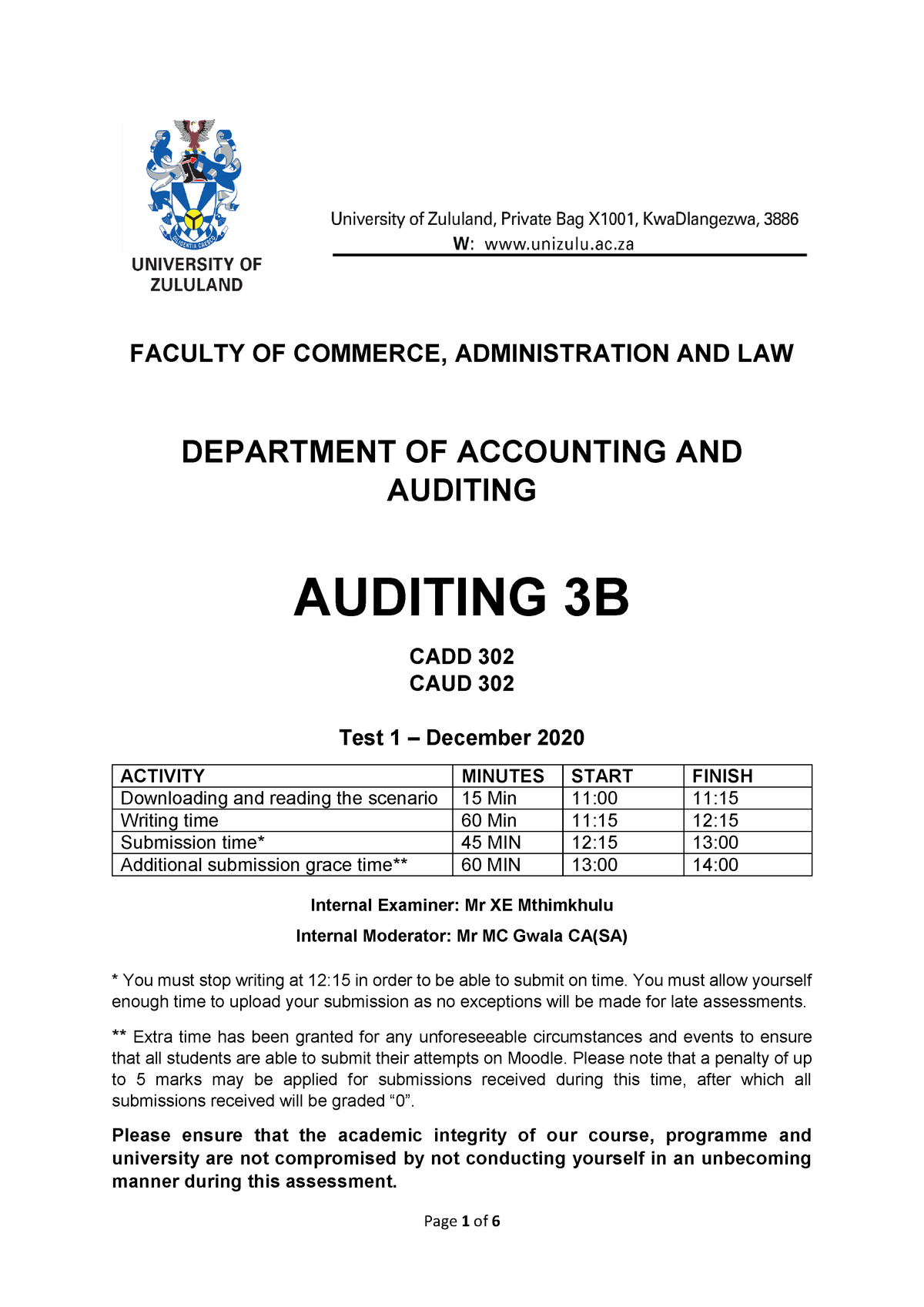 Auditing 3B TEST 1 (Q) - FACULTY OF COMMERCE, ADMINISTRATION AND LAW ...