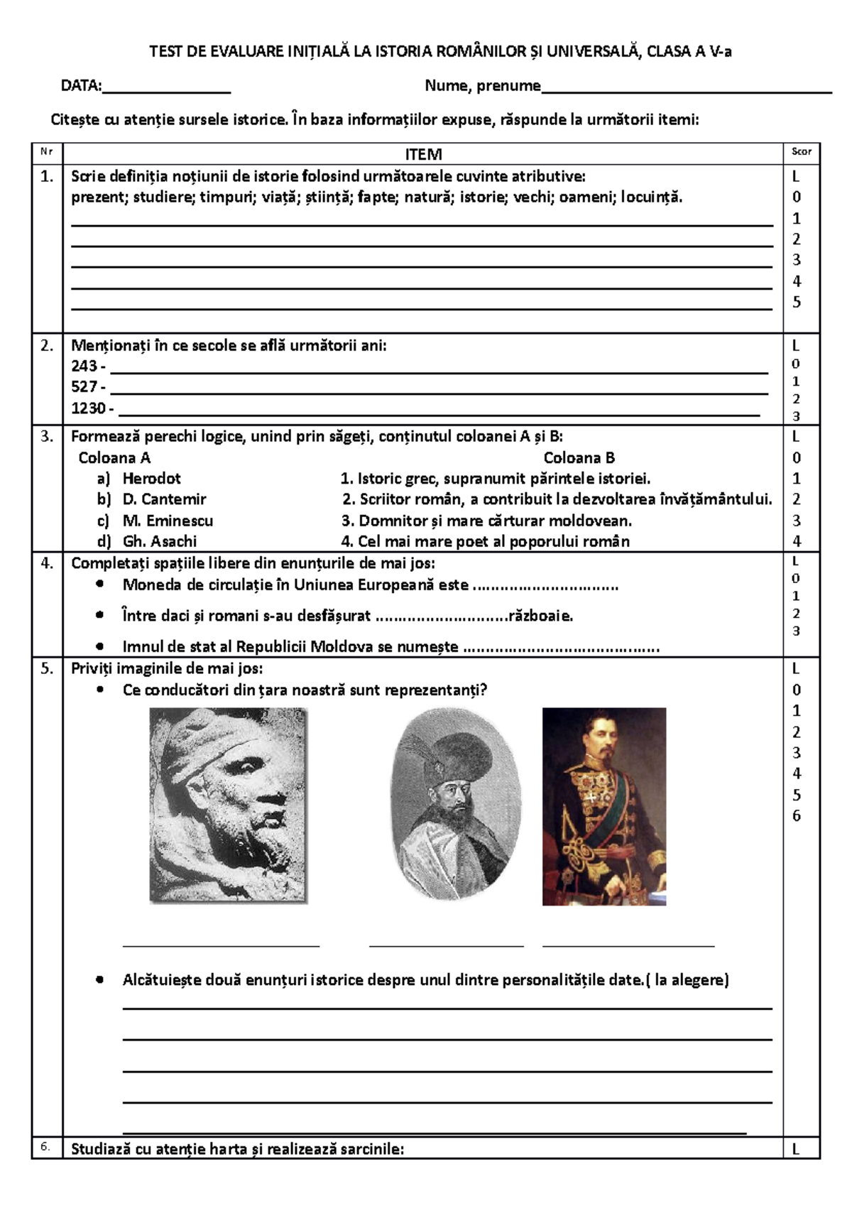 TEST initial cl. 5 - TEST DE EVALUARE INIȚIALĂ LA ISTORIA ROMÂNILOR ȘI ...