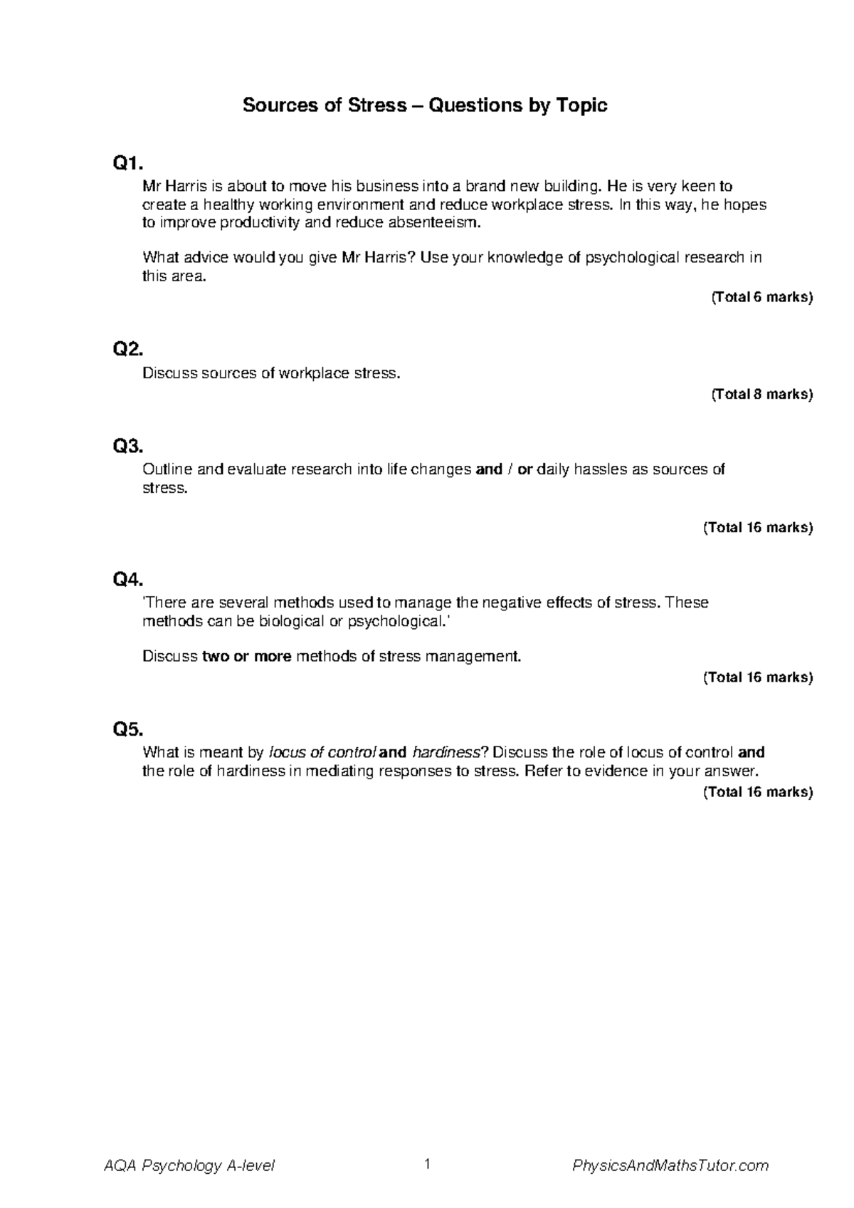 Sources of stress - Yhggj - Sources of Stress – Questions by Topic Q1 ...