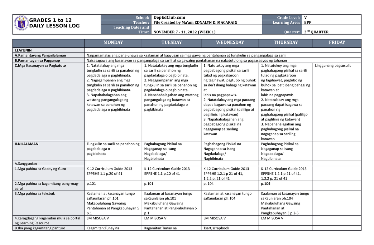 DLL EPP 5 Q2 W1 - FILIPINO 5 DLL - GRADES 1 To 12 DAILY LESSON LOG ...