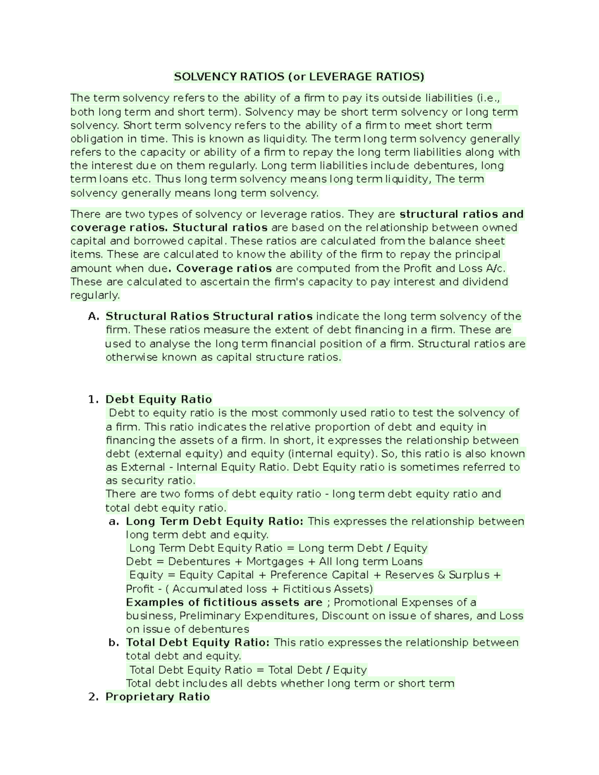Ratios - Accounting for management - ratio lecture notes - SOLVENCY ...