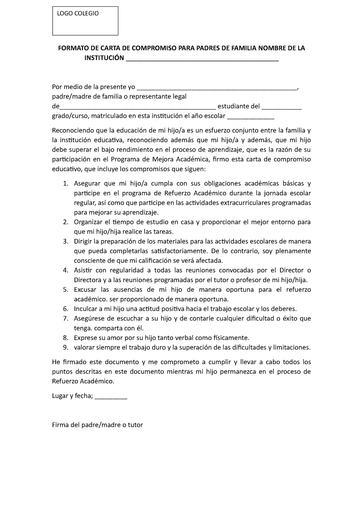 9 Modelo De Acta De Compromiso Para Padres De Familia 4 Formato De Carta De Compromiso Para 9484